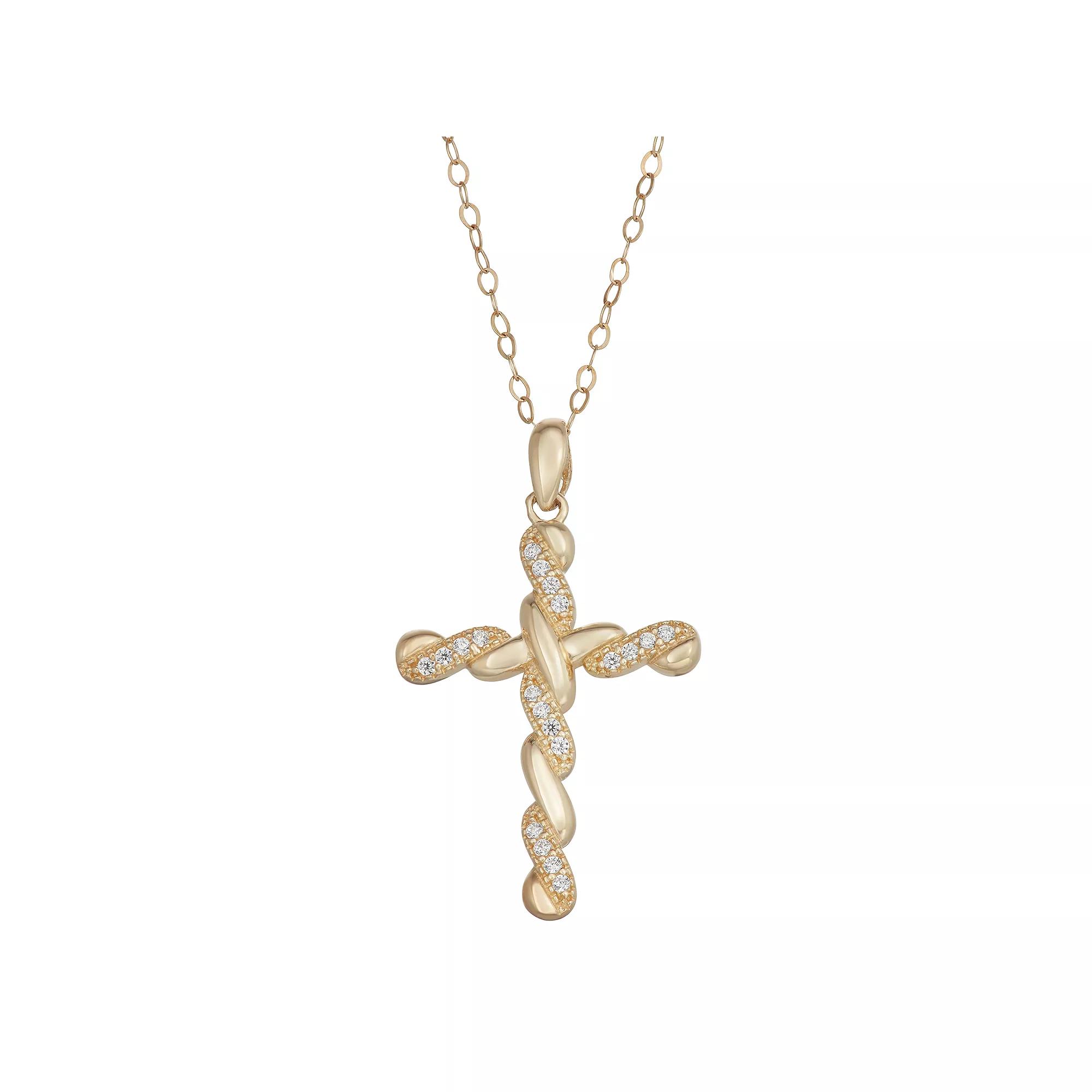10k Gold Cubic Zirconia Twisted Cross Pendant, Women's, Size: 18" Product Image