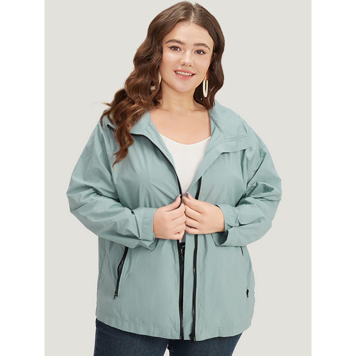 Plus Size Plain Hooded Pocket Zipper Fly Jacket Women SlateGray Plain Pocket Dailywear Jackets BloomChic 28/5X Product Image