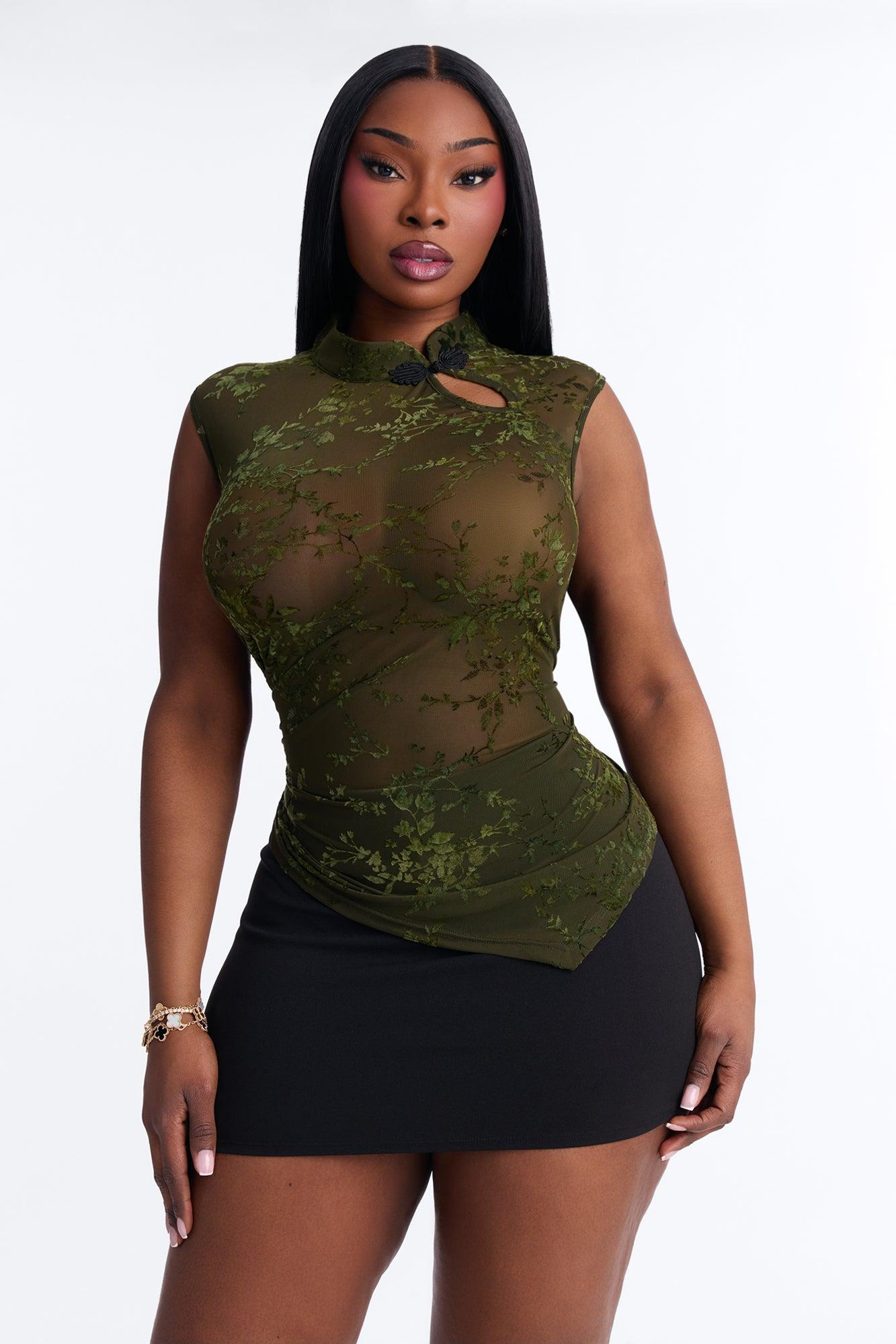 Midnight Blossom Flocked Mesh Mock Neck Top - Green/combo Female Product Image