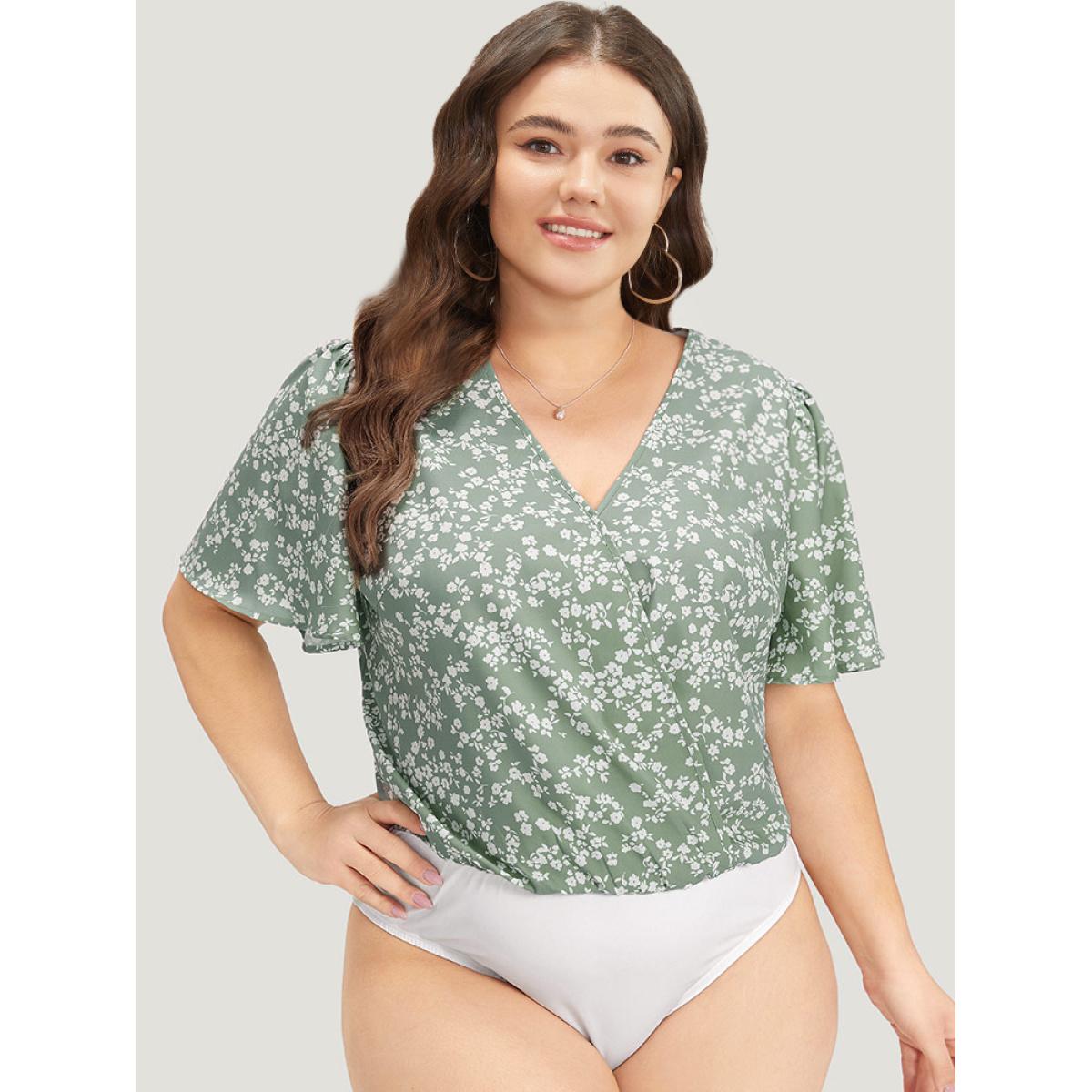 Plus Size Ditsy Floral Overlap Collar Flutter Sleeve Bodysuit Women Green Ditsy Floral Printed Bodysuits BloomChic 30/6X Product Image