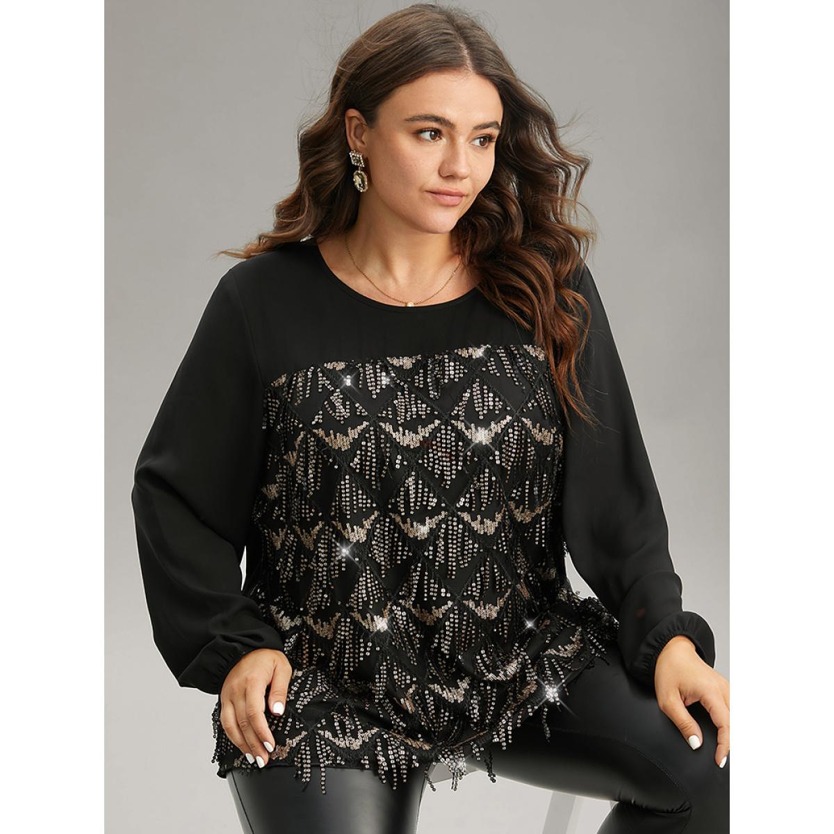 Plus Size Black Sequin Tassel Trim Patchwork Lantern Sleeve Blouse Women Glamour Long Sleeve Round Neck Party Blouses BloomChic 22-24/3X Product Image