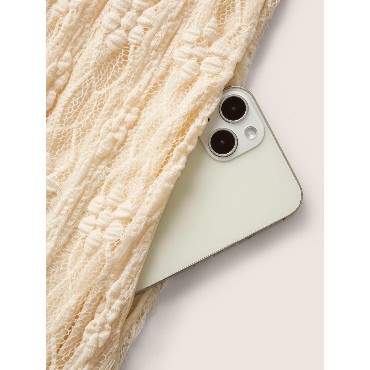 Plus Size Solid Overlap Collar Lace Panel Dress Beige Women Elegant Woven ribbon&lace trim Overlap Collar Half Sleeve Curvy BloomChic 12/L Product Image