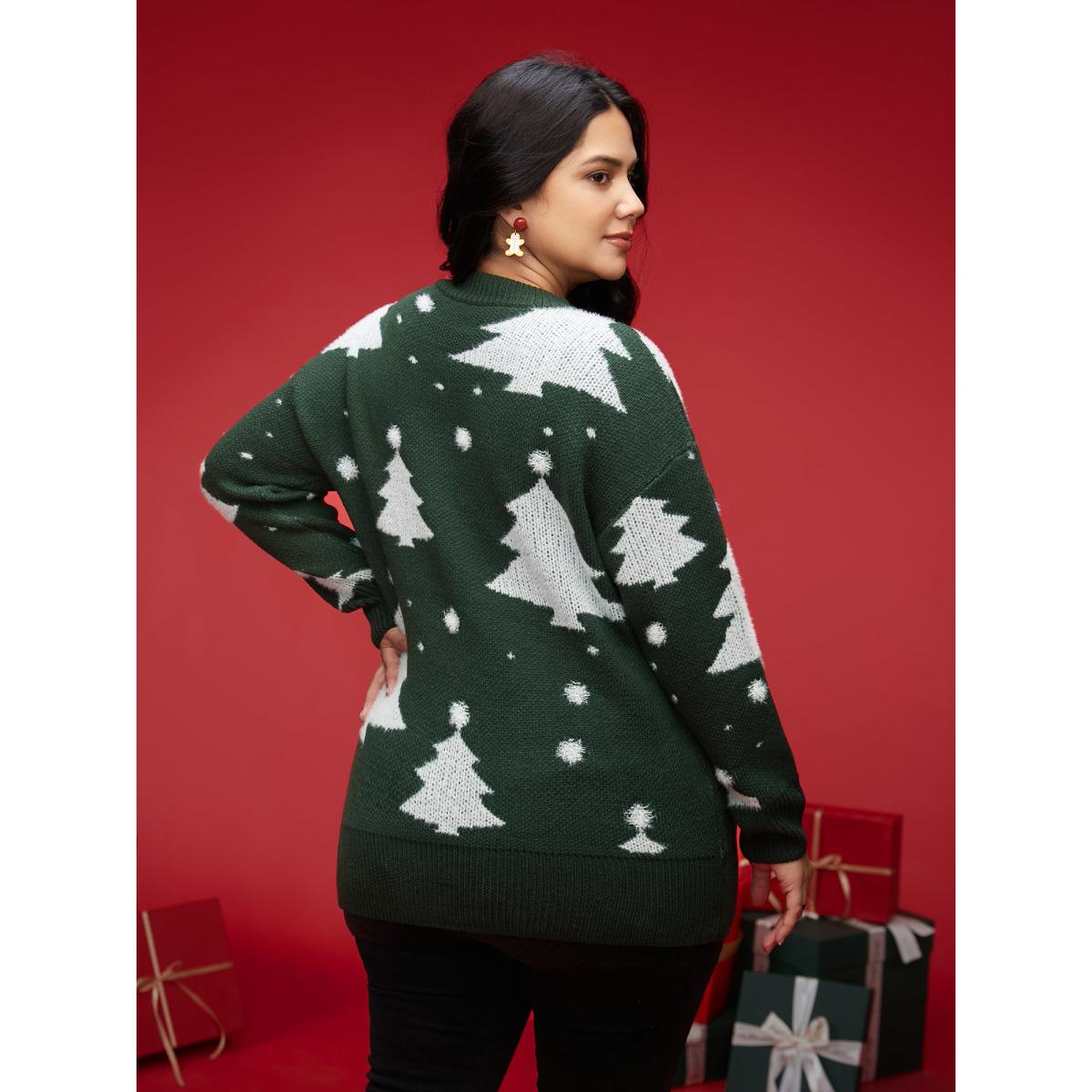 Plus Size Festive Trees Ribbed Detailing Pullover DarkGreen Women Casual Loose Long Sleeve Round Neck Everyday Pullovers BloomChic 18-20/2X Product Image