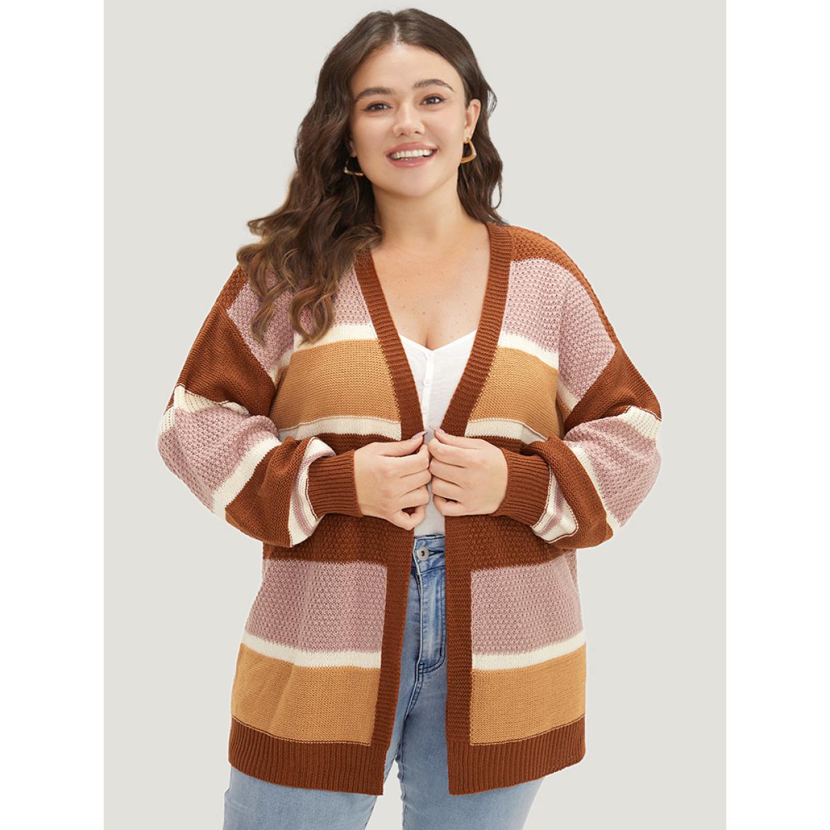 Plus Size Striped Contrast Elastic Cuffs Cardigan Multicolor Women Casual Loose Long Sleeve Dailywear Cardigans BloomChic 30/6X Product Image