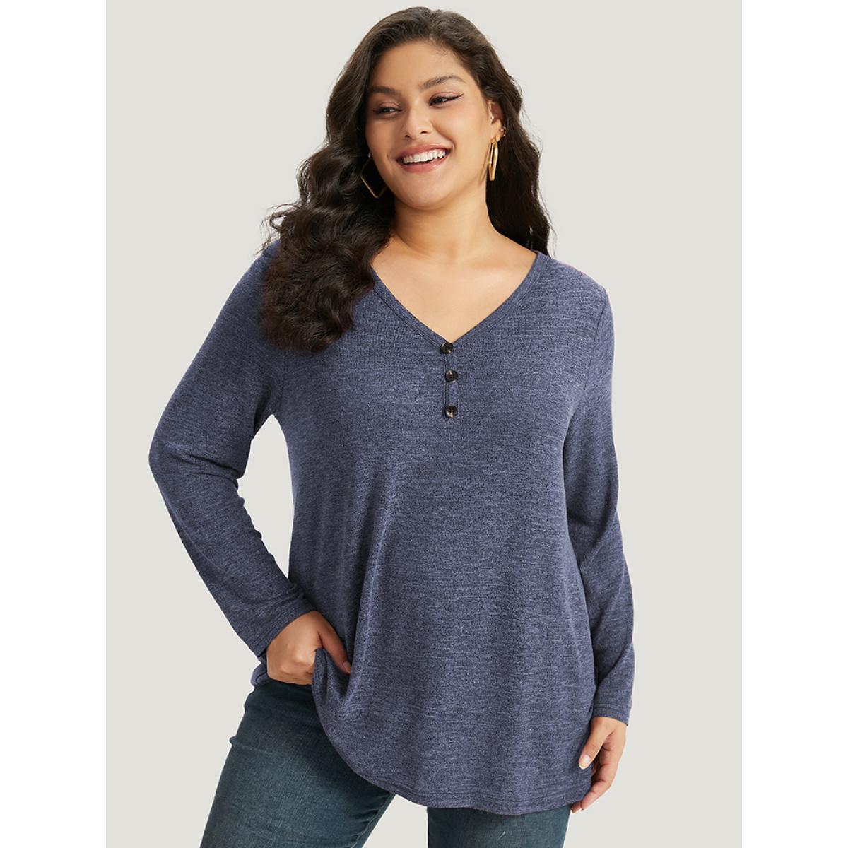 Plus Size Heather Button Up Long Sleeve T-shirt Emerald Women Leisure Heather Plain Casual T-shirts BloomChic 18-20/2X Product Image