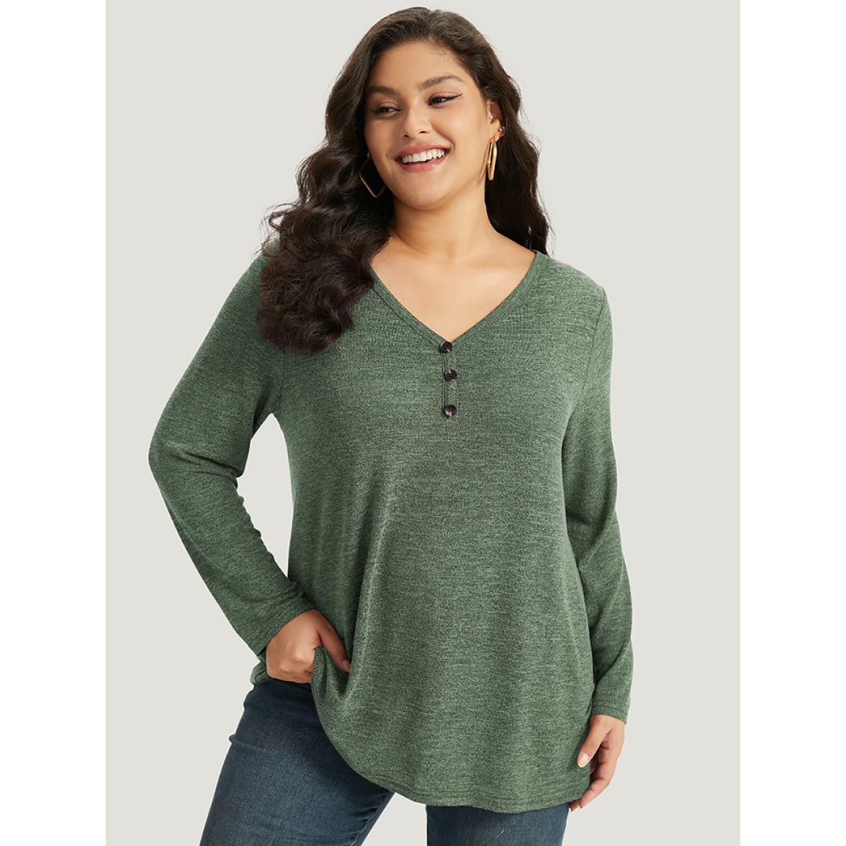Plus Size Heather Button Up Long Sleeve T-shirt Emerald Women Leisure Heather Plain Casual T-shirts BloomChic 18-20/2X Product Image