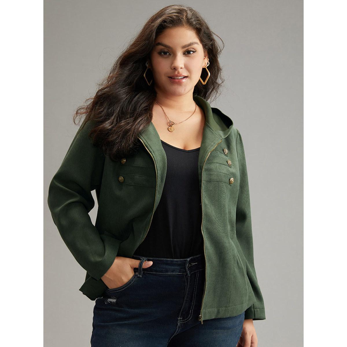 Plus Size Solid Metal Detail Hooded Zipper Jacket Women ArmyGreen Casual Plain Ladies Everyday Winter Coats BloomChic 26/4X Product Image