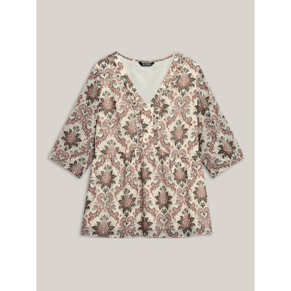 Plus Size Beige Ornate Print Stretchy Waist Lined Shirt Women Boho Elbow-length sleeve Deep V-neck Vacation Blouses BloomChic 12/L Product Image