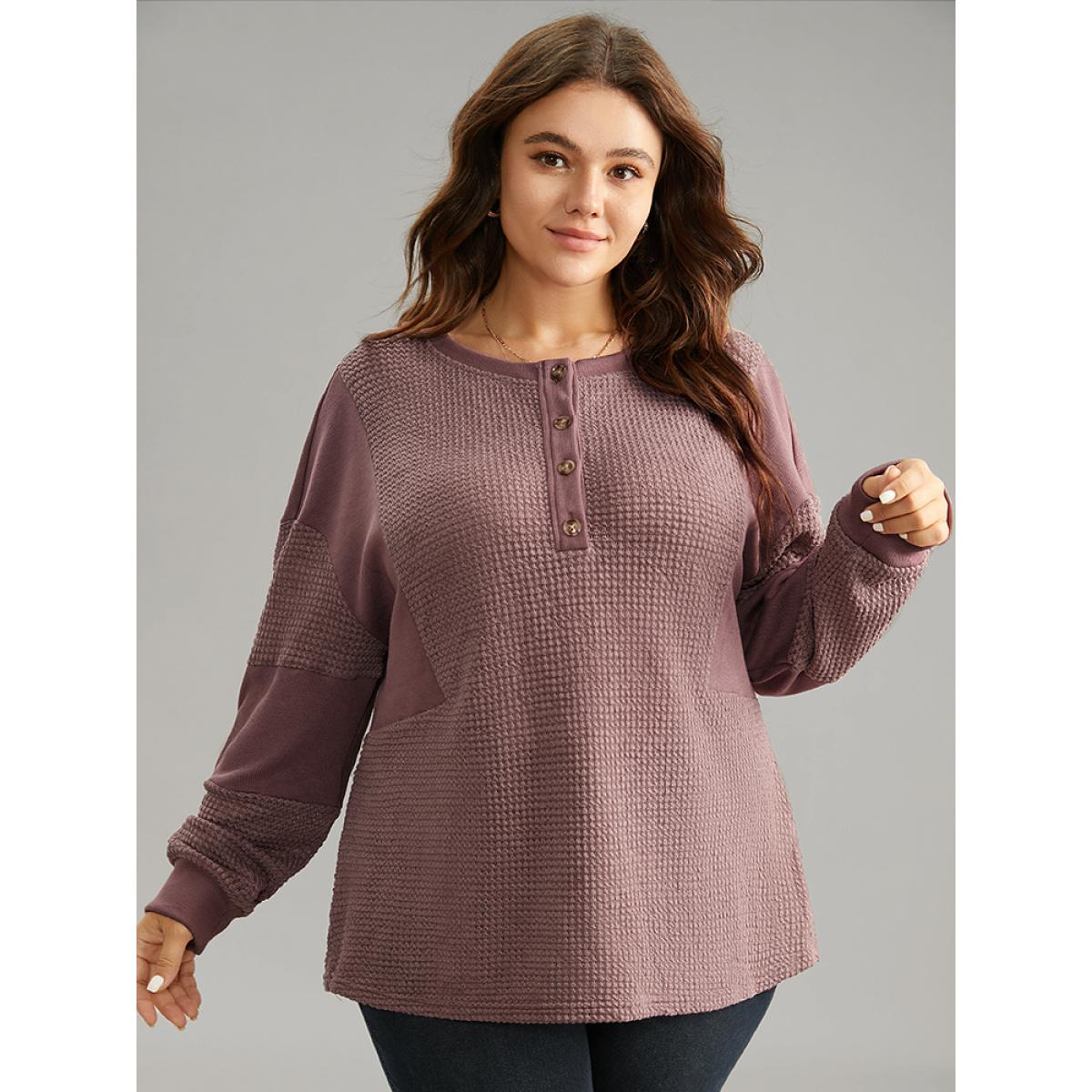 Plus Size Waffle Knit Patchwork Rib Knit Button Down Sweatshirt Women DustyPink Casual Rib Knit Open Front Dailywear Sweatshirts BloomChic 22-24/3X Product Image