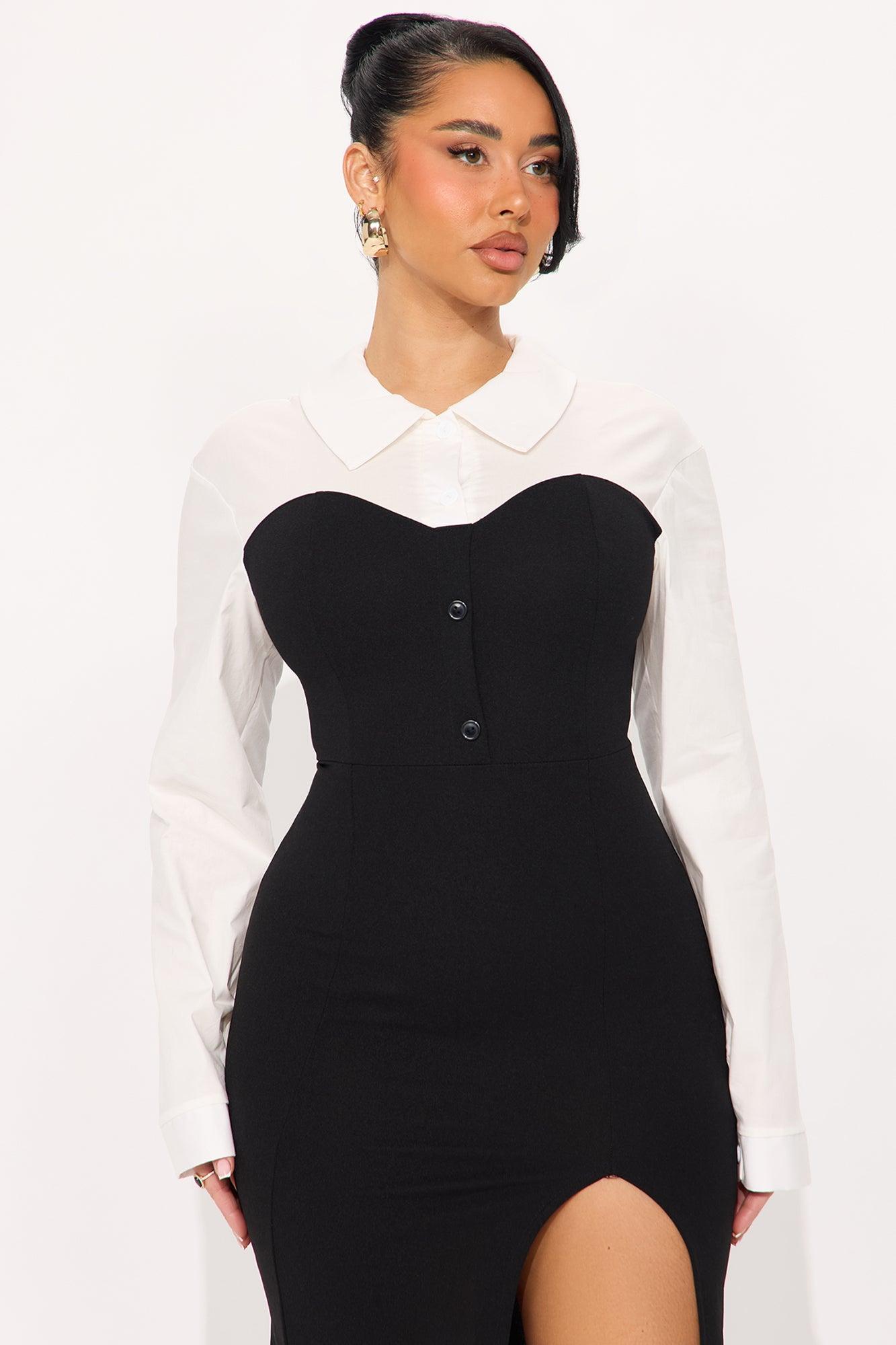 Charline Collared Shirt Midi Dress - Black/White Product Image