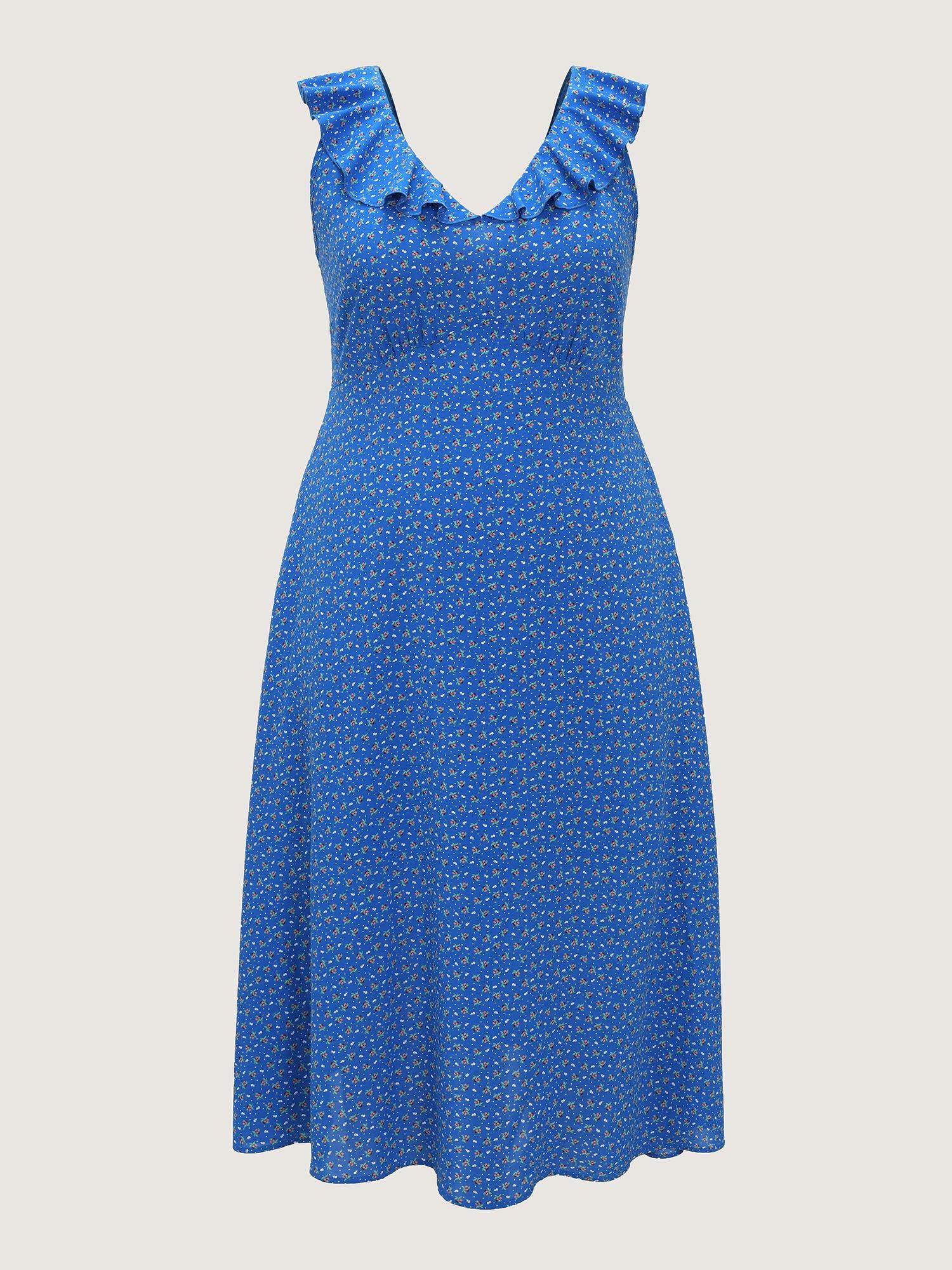 Ruffled Neckline Micro Floral Print Midi Dress Female Product Image