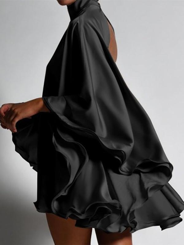 Solid Color High-Neck Backless Flared Sleeves Mini Dress Product Image