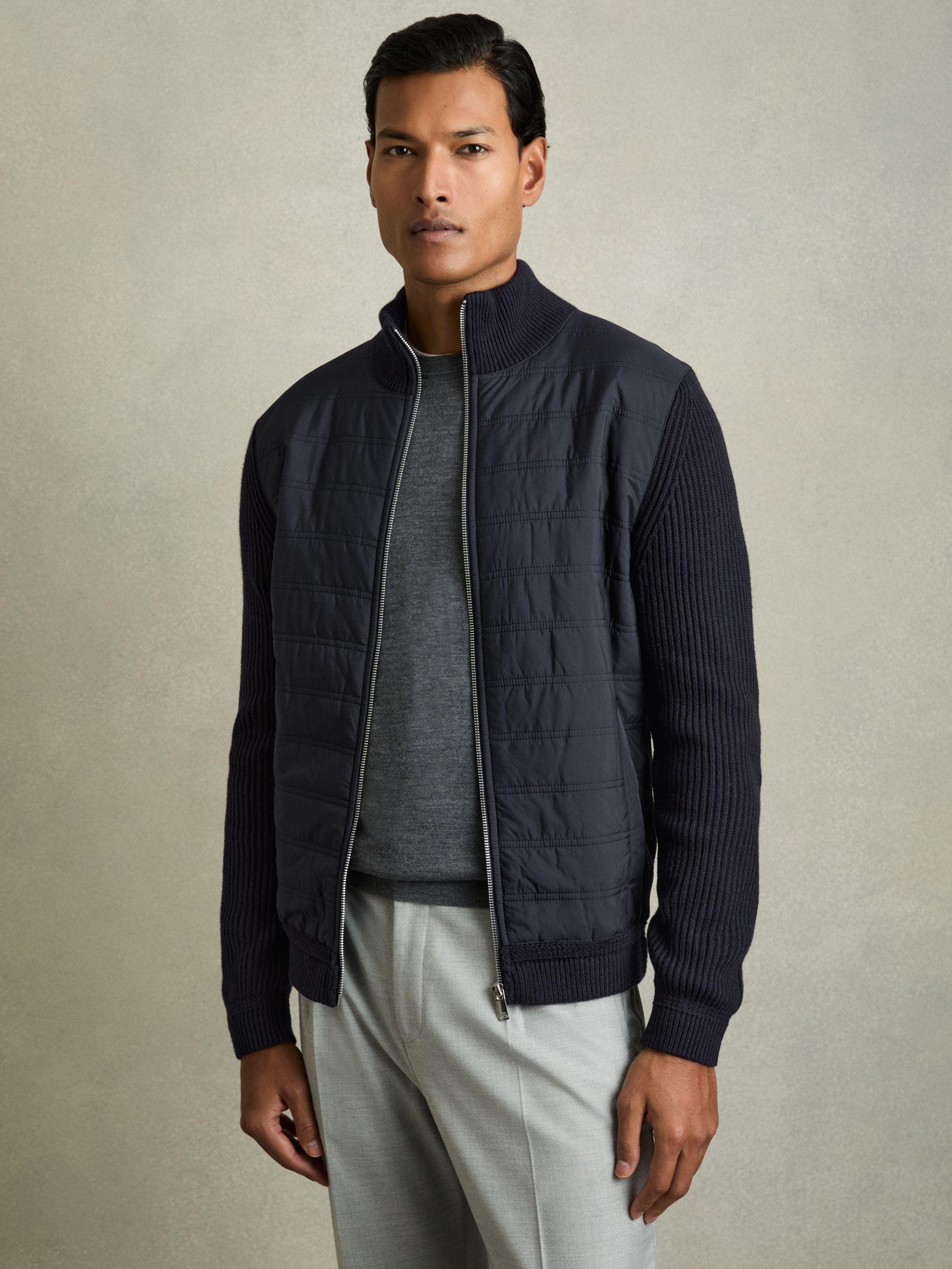 Hybrid Quilt and Knit Zip-Through Jacket in Navy Product Image