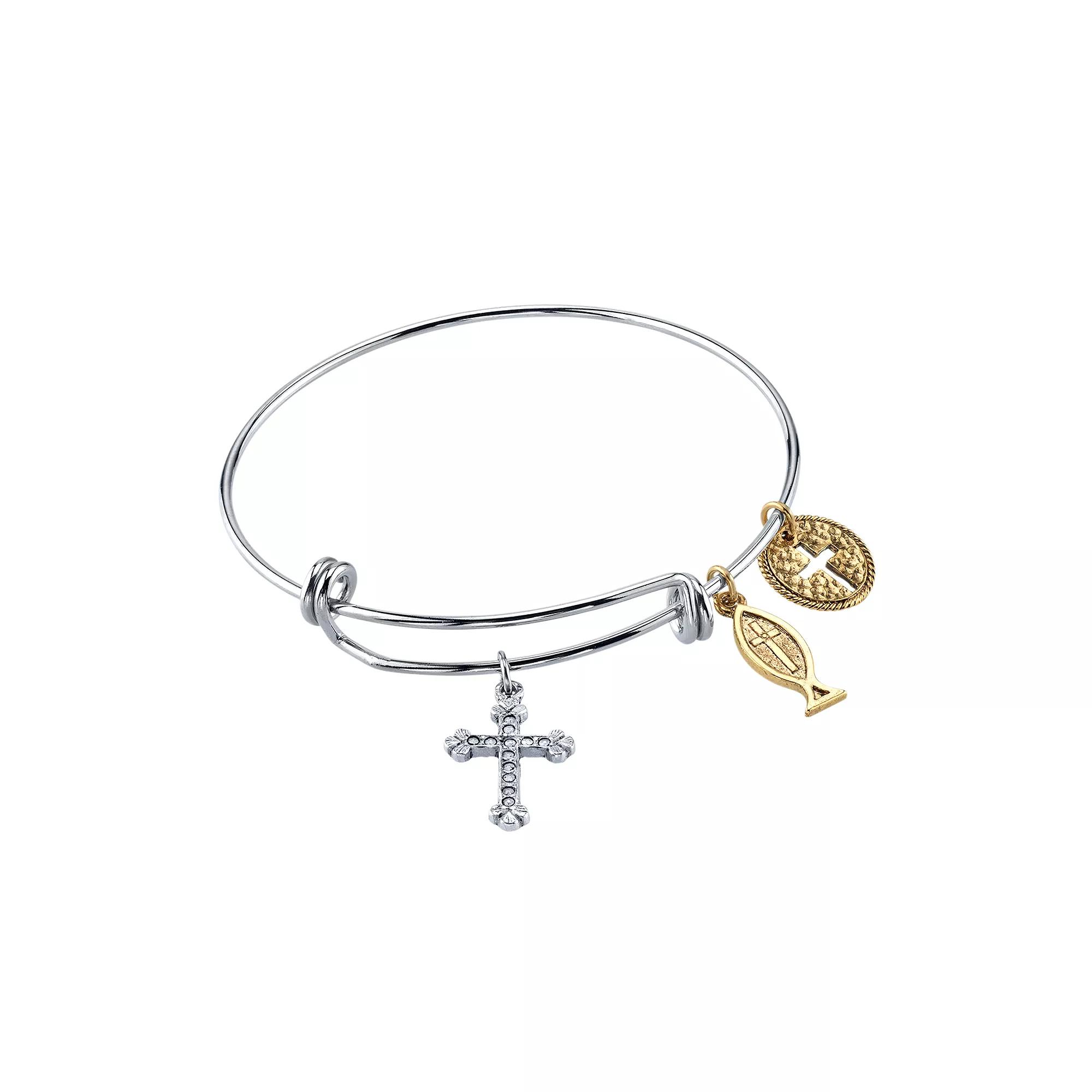 1928 14k Gold-Plated Cross Fish & Medallion Bangle Bracelet, Womens, Silver Tone Product Image