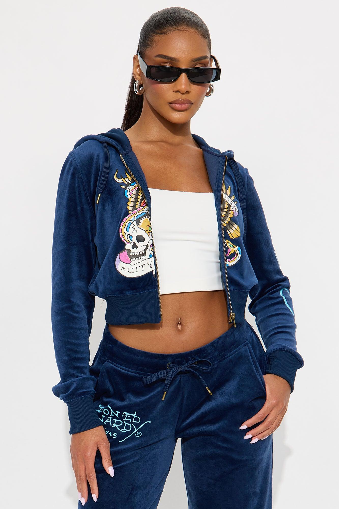 Ed Hardy NY Skull City Velour Pant Set - Navy Female Product Image