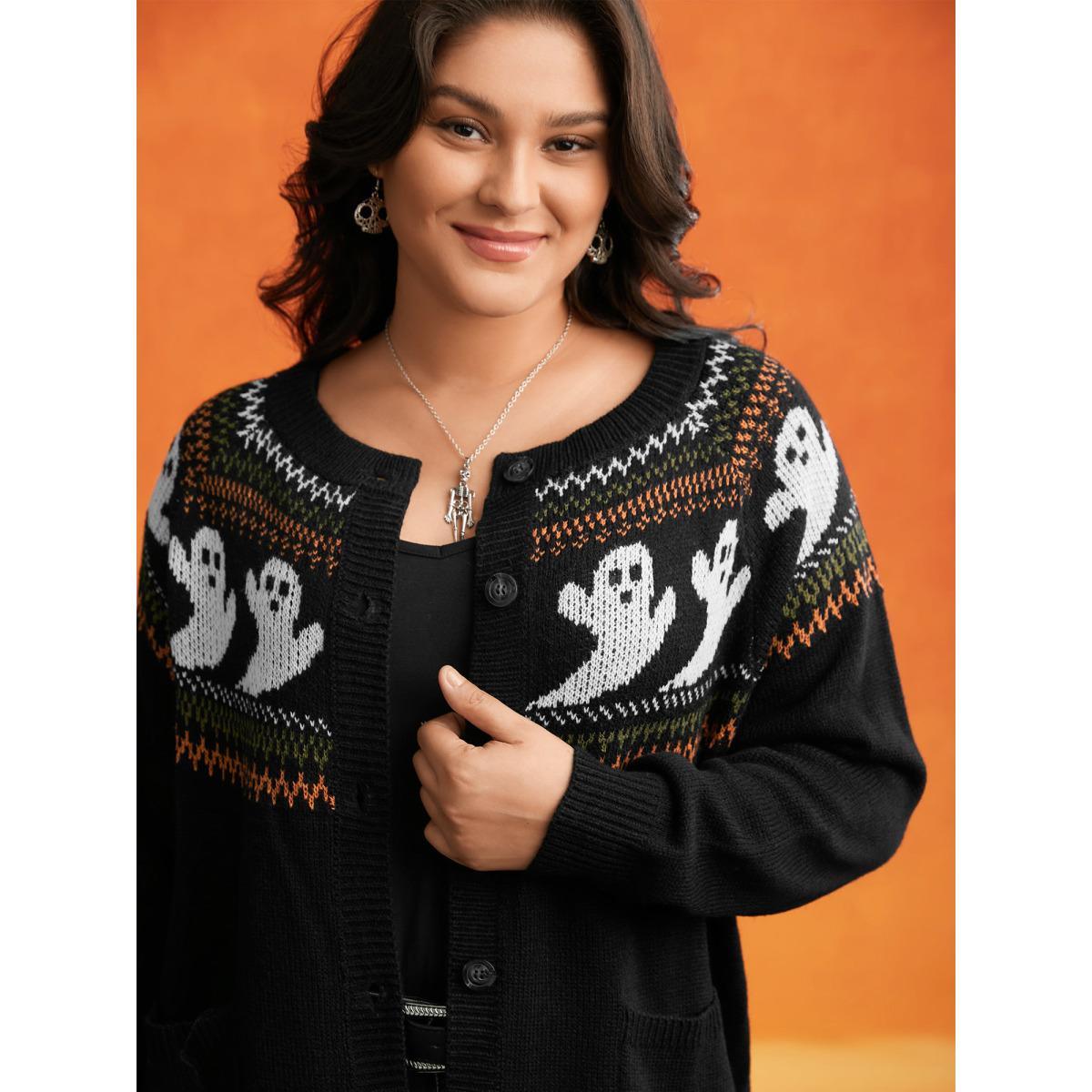 Plus Size Ghostly Fair Isle Button-Up Cardigan Black Women Casual Long Sleeve Everyday Cardigans BloomChic 14-16/1X Product Image