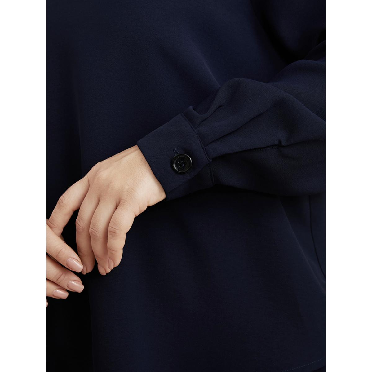 Plus Size DarkBlue Solid V Neck High Low Hem Blouse Women Office Long Sleeve V-neck Work Blouses BloomChic 30/6X Product Image