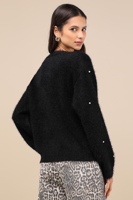 Chic Comforts Black Eyelash Knit Pearl Cardigan Product Image
