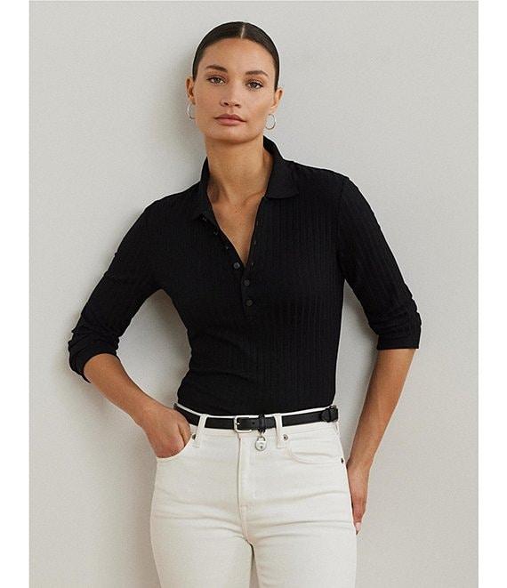 Lauren Ralph Lauren Rib-Knit Polo Collar 3/4 Sleeve Shirt Product Image
