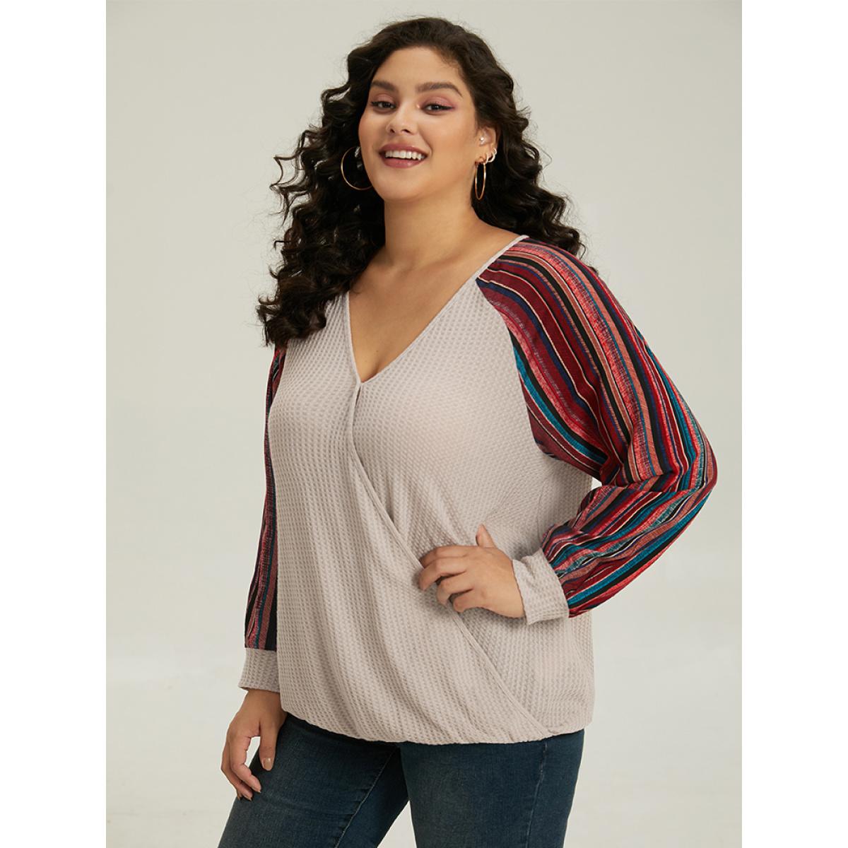 Plus Size Bandana Print Patchwork V Neck Raglan Sleeve T-shirt LightBrown Women Casual Elastic cuffs Bohemian Print Overlap Collar Dailywear T-shirts BloomChic 10/M Product Image