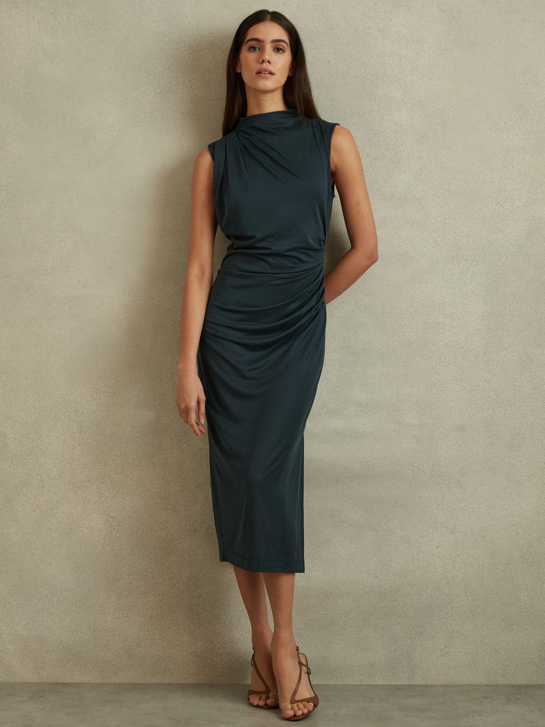 Modal Blend Ruched Midi Dress in Dark Green Product Image