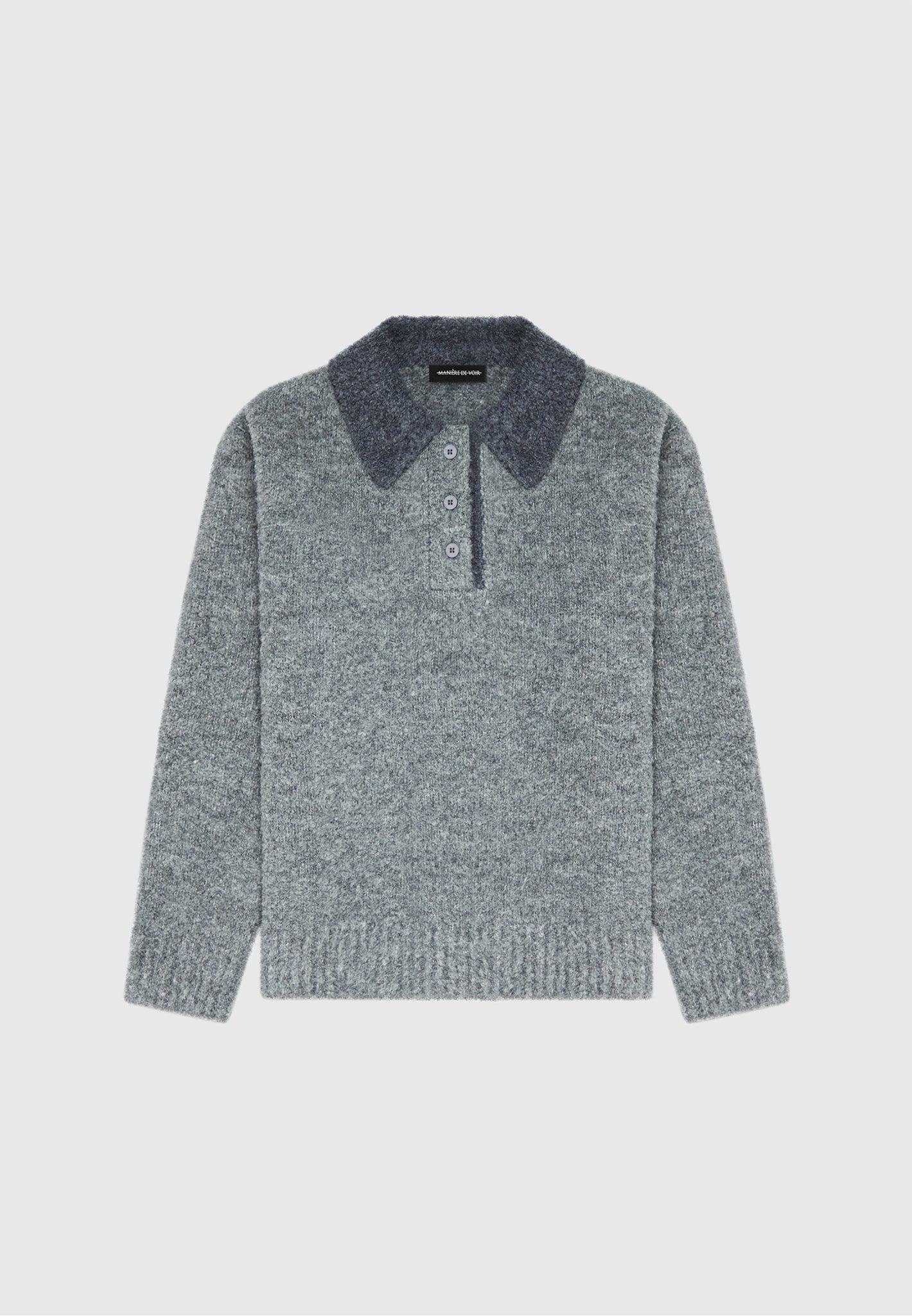 Boucle Knit Contrast Polo Jumper - Grey Male Product Image