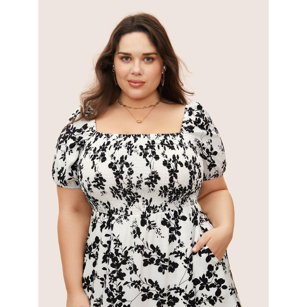 Plus Size Silhouette Floral Print Shirred Puff Sleeve Dress Black Women Elegant Gathered Square Neck Short sleeve Curvy Midi Dress BloomChic 12/L Product Image