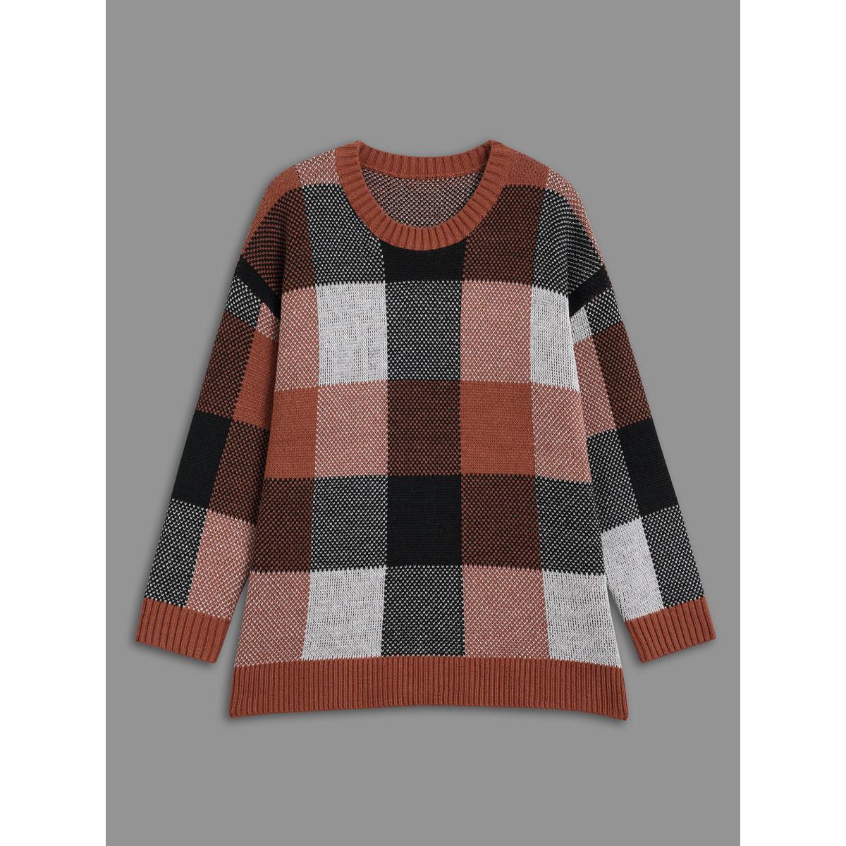 Plus Size Plaid Contrast Slit Hem Pullover Yellowishbrown Women Casual Loose Long Sleeve Round Neck Everyday Pullovers BloomChic 12/L Product Image