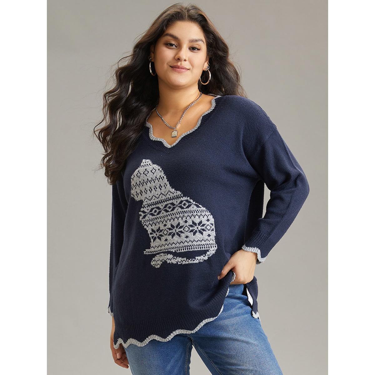 Plus Size Cat Graphic Scalloped Trim Pullover Midnight Women Casual Loose Long Sleeve V-neck Dailywear Pullovers BloomChic 26/4X Product Image