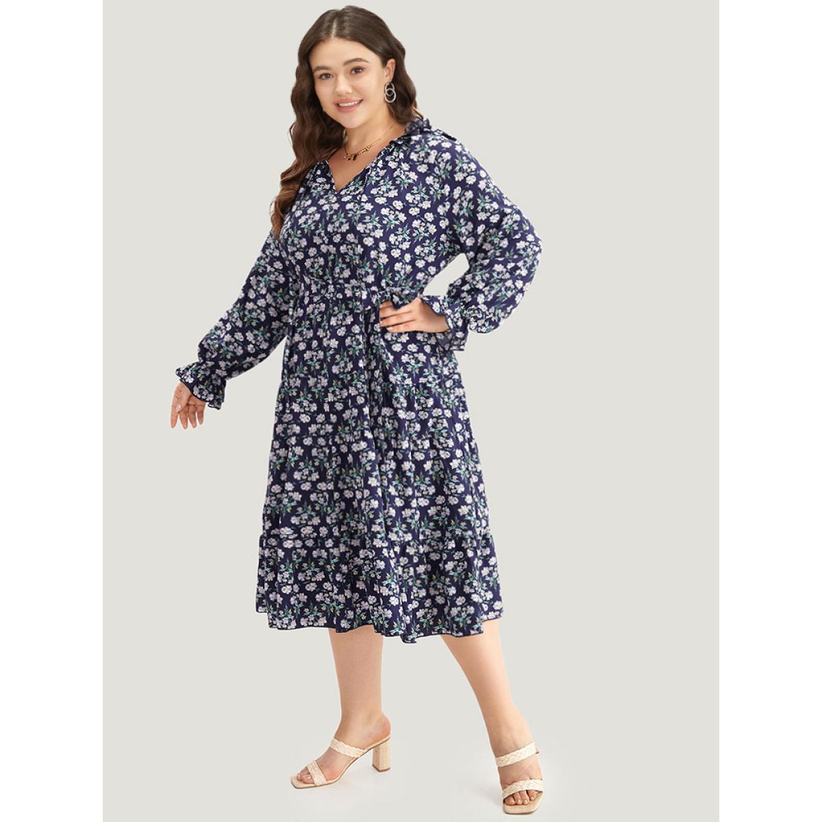 Plus Size Ditsy Floral Pocket Tie Neck Frill Trim Dress Indigo Women Vacation Cross straps Tie Neck Long Sleeve Curvy Midi Dress BloomChic 10/M Product Image