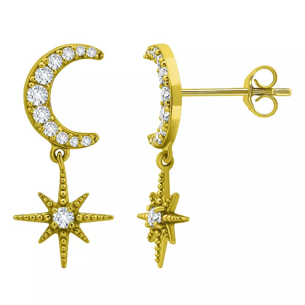 Aleure Precioso Sterling Silver Cubic Zirconia Moon & Starburst Drop Earrings, Women's, Gold Tone Product Image