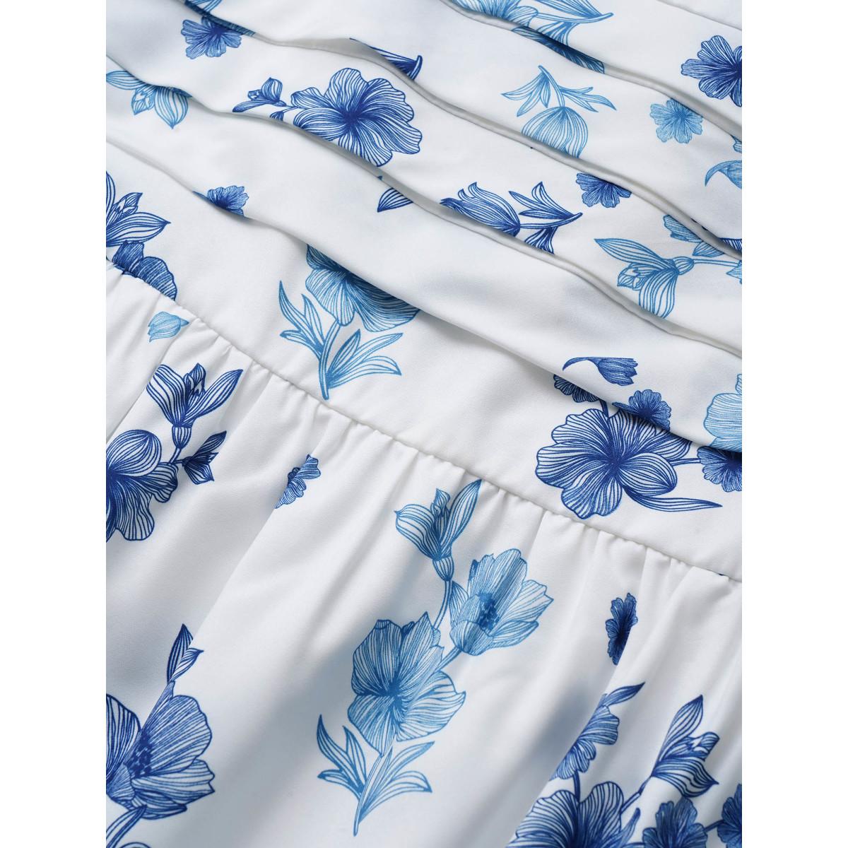 Plus Size Square Neck Floral Print Pleated Lantern Sleeve Dress White Women Elegant Non Square Neck Elbow-length sleeve Curvy Midi Dress BloomChic 12/L Product Image