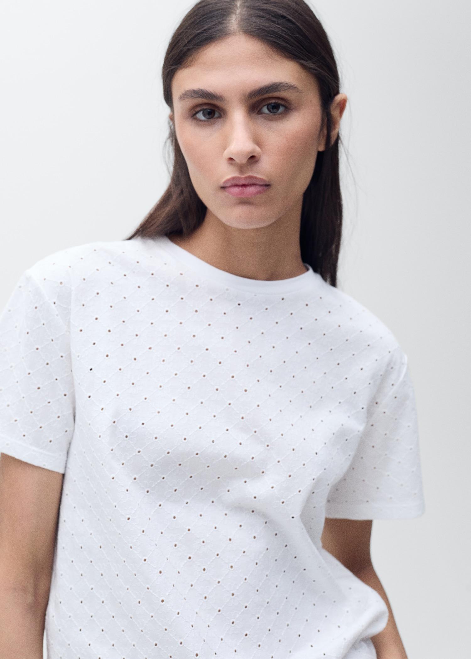 Embroidered openwork t-shirt - Women | MANGO USA Product Image