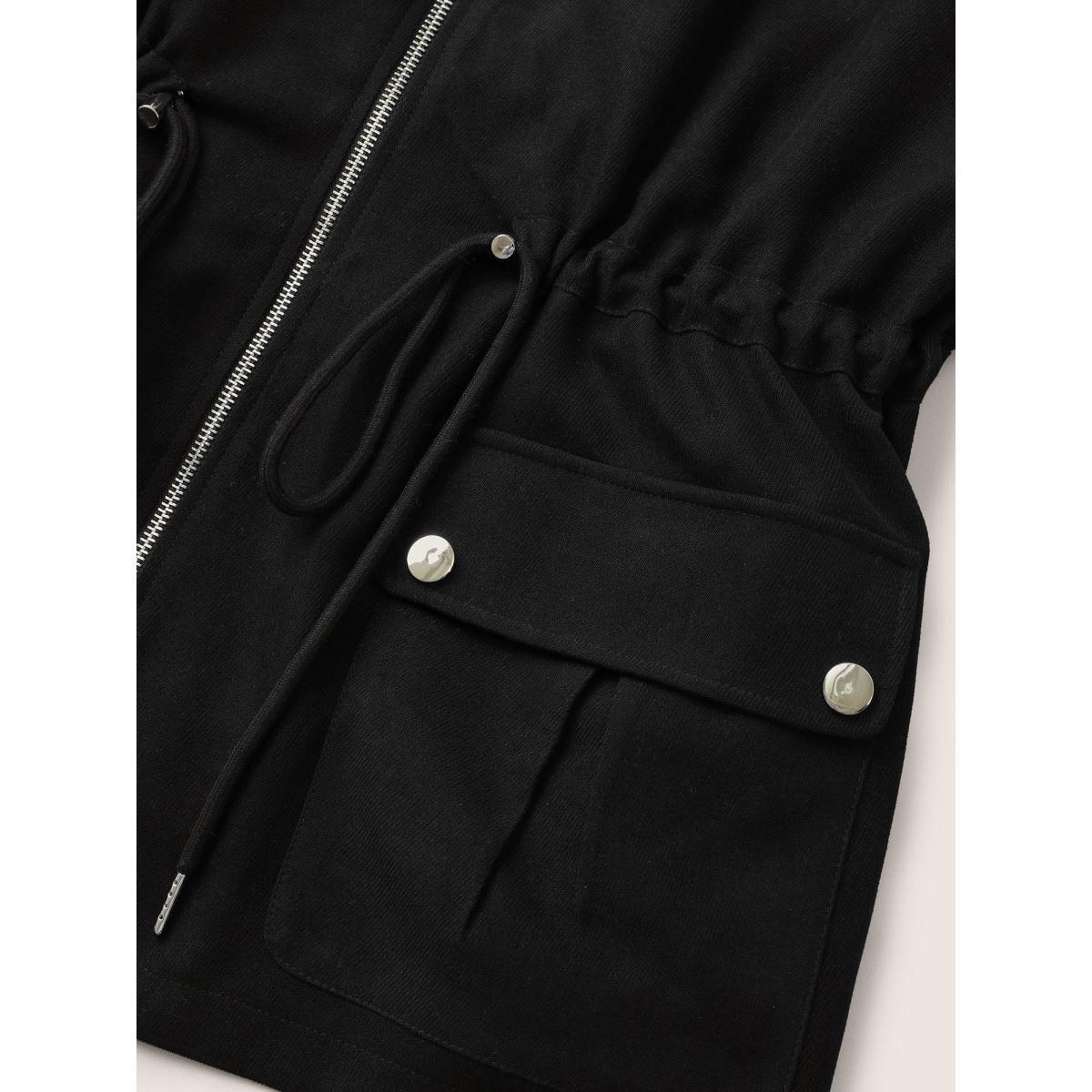 Plus Size Geometric Drawstring Patchwork Hooded Jacket Women Black Non Open pocket with flap Everyday Jackets BloomChic 18-20/2X Product Image