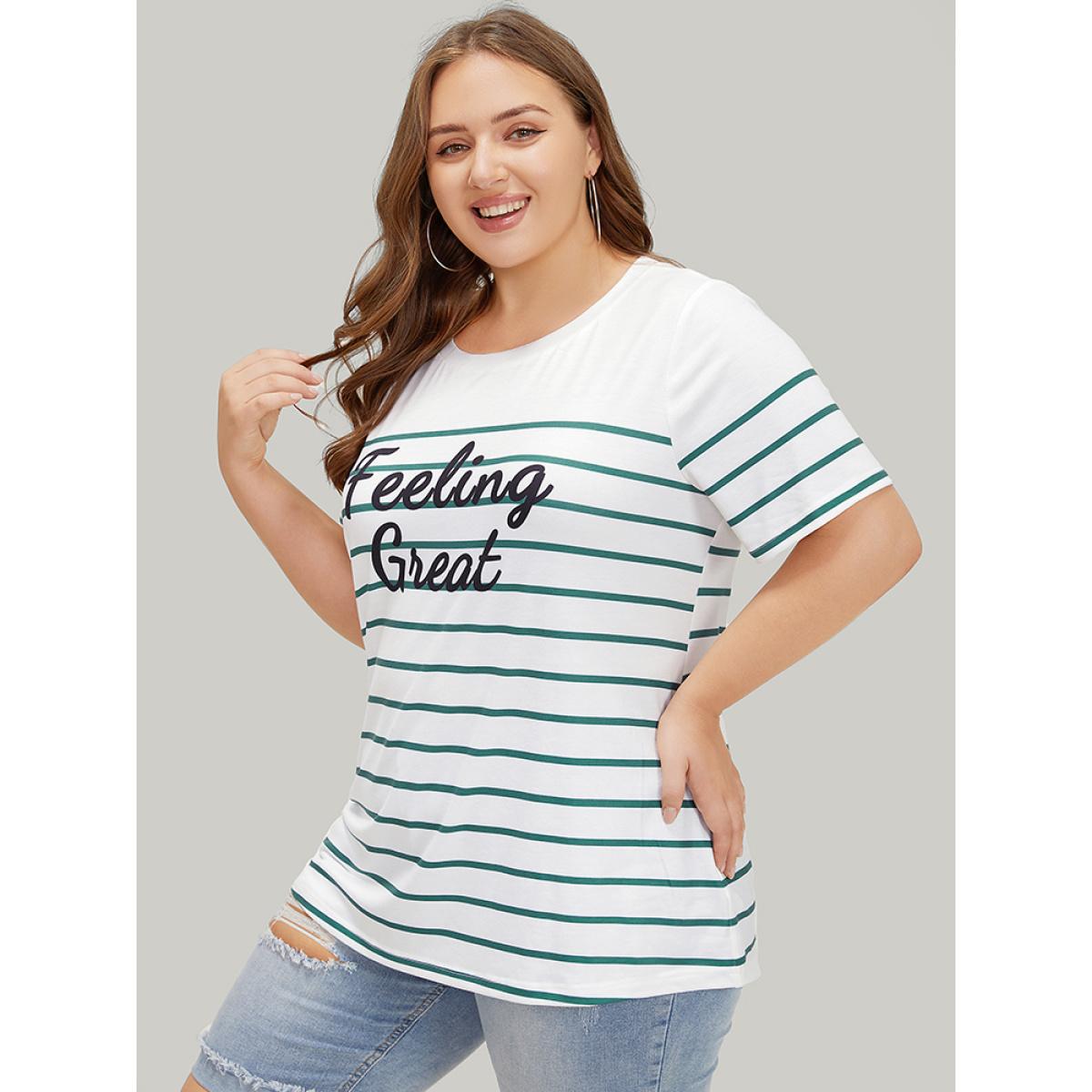Plus Size Striped & Slogans Print Crew Neck T-shirt White Women Casual Positive slogan Dailywear T-shirts BloomChic 28/5X Product Image