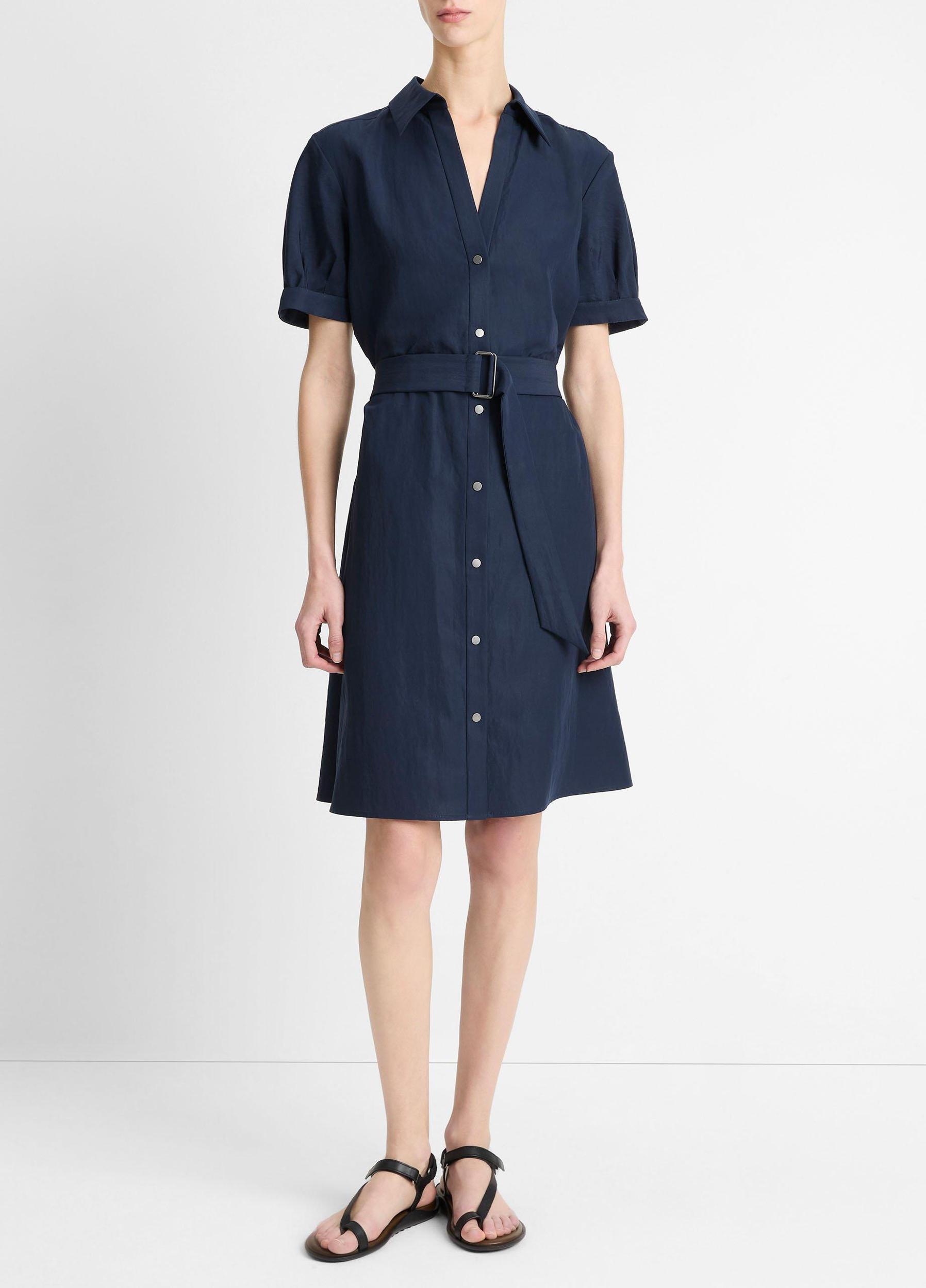 Cuffed-Sleeve Belted Shirt Dress Product Image