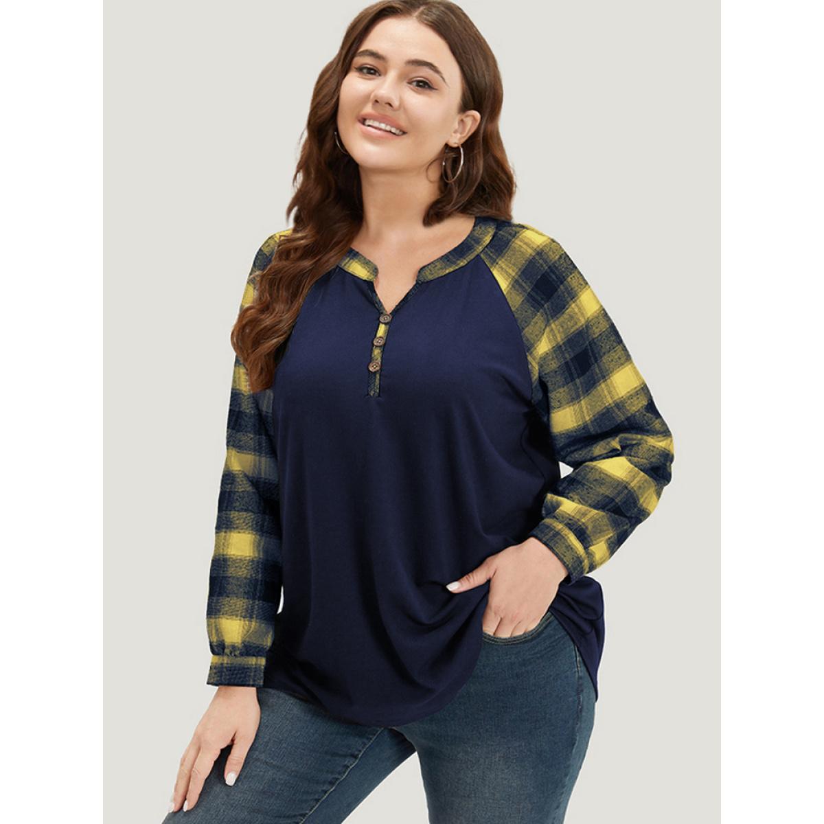 Plus Size Plaid Patchwork Notched Button Detail Sweatshirt Women Yellow Casual Patchwork Notched collar Everyday Sweatshirts BloomChic 10/M Product Image