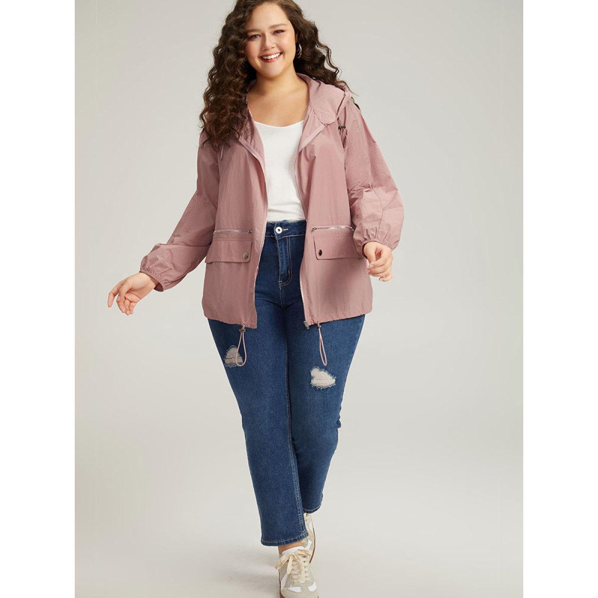 Plus Size Plain Hooded Pocket Zipper Fly Drawstring Jacket Women Rouge Plain Pocket Dailywear Jackets BloomChic 14-16/1X Product Image