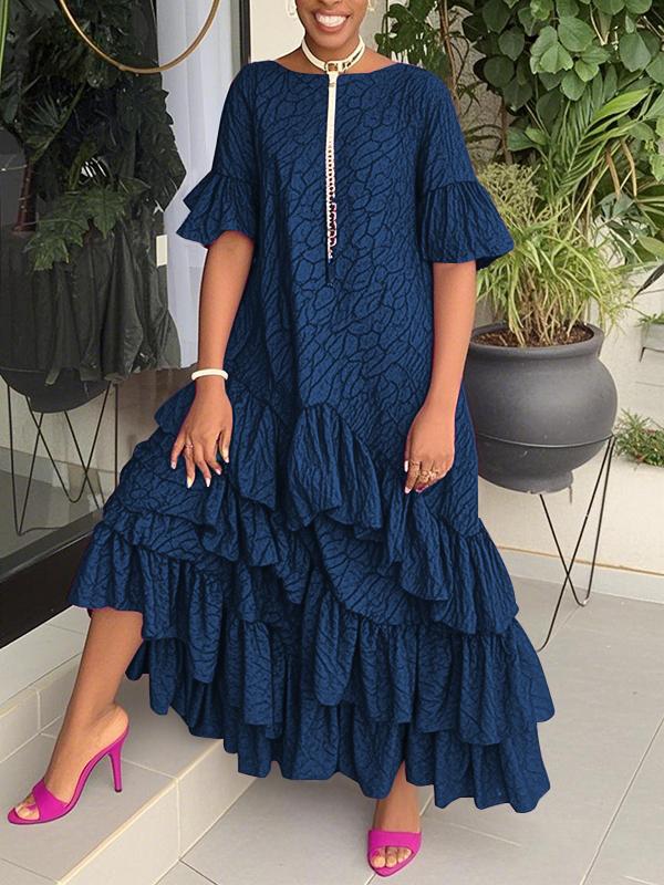 Flared Sleeves Half Sleeves Asymmetric Layered Pleated Printed Ruffle Trim Round-Neck Maxi Dresses Product Image
