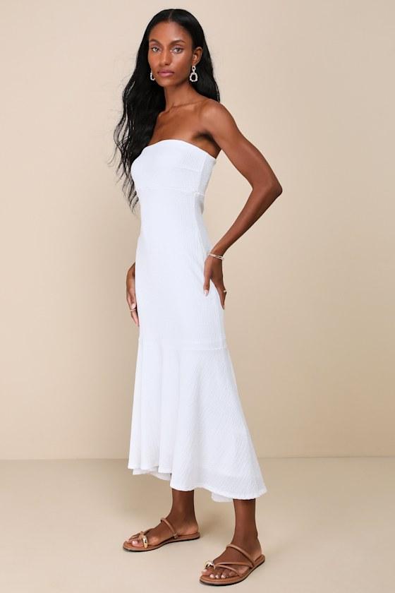 Darling Ways White Textured Strapless Midi Dress Product Image