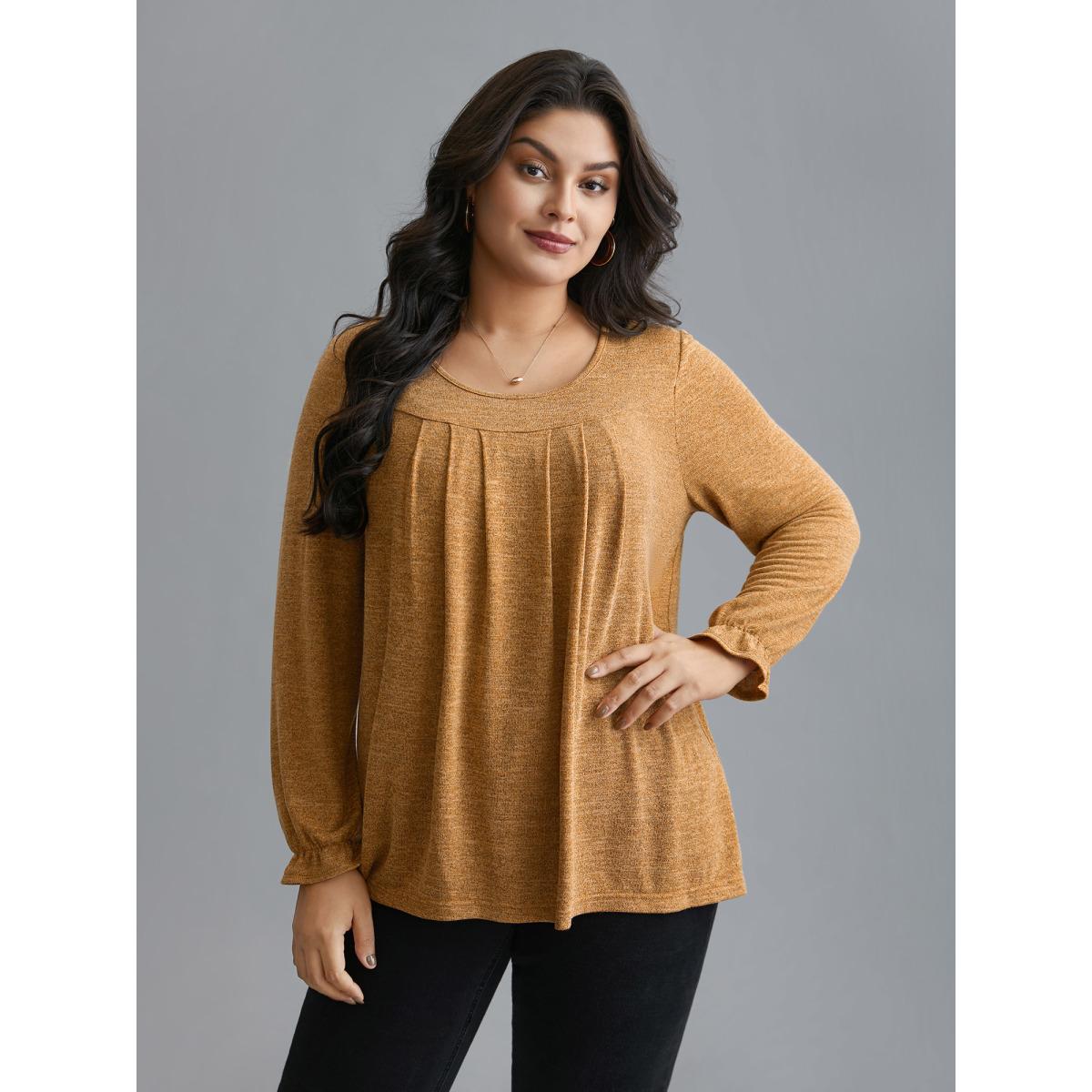 Plus Size Round Neck Heather Pleated T-shirt Turmeric Women Elegant Pleated Round Neck Loose Everyday T-shirts BloomChic 18-20/2X Product Image