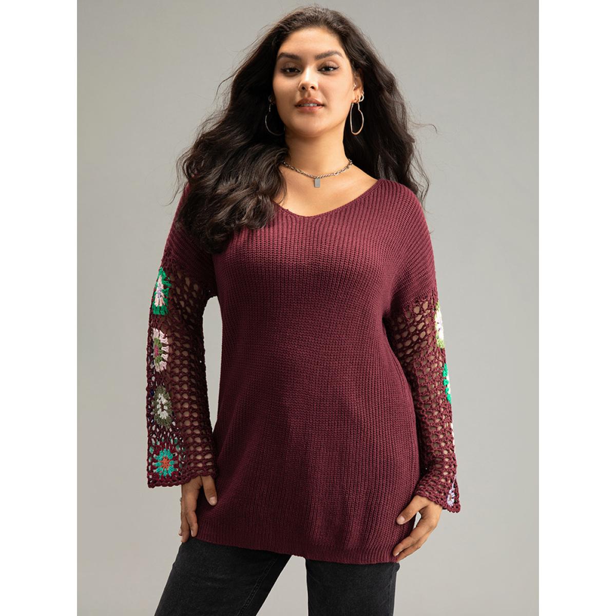 Plus Size Floral Embroidered Hollow Out Pullover Burgundy Women Casual Long Sleeve V-neck Everyday Pullovers BloomChic 26/4X Product Image