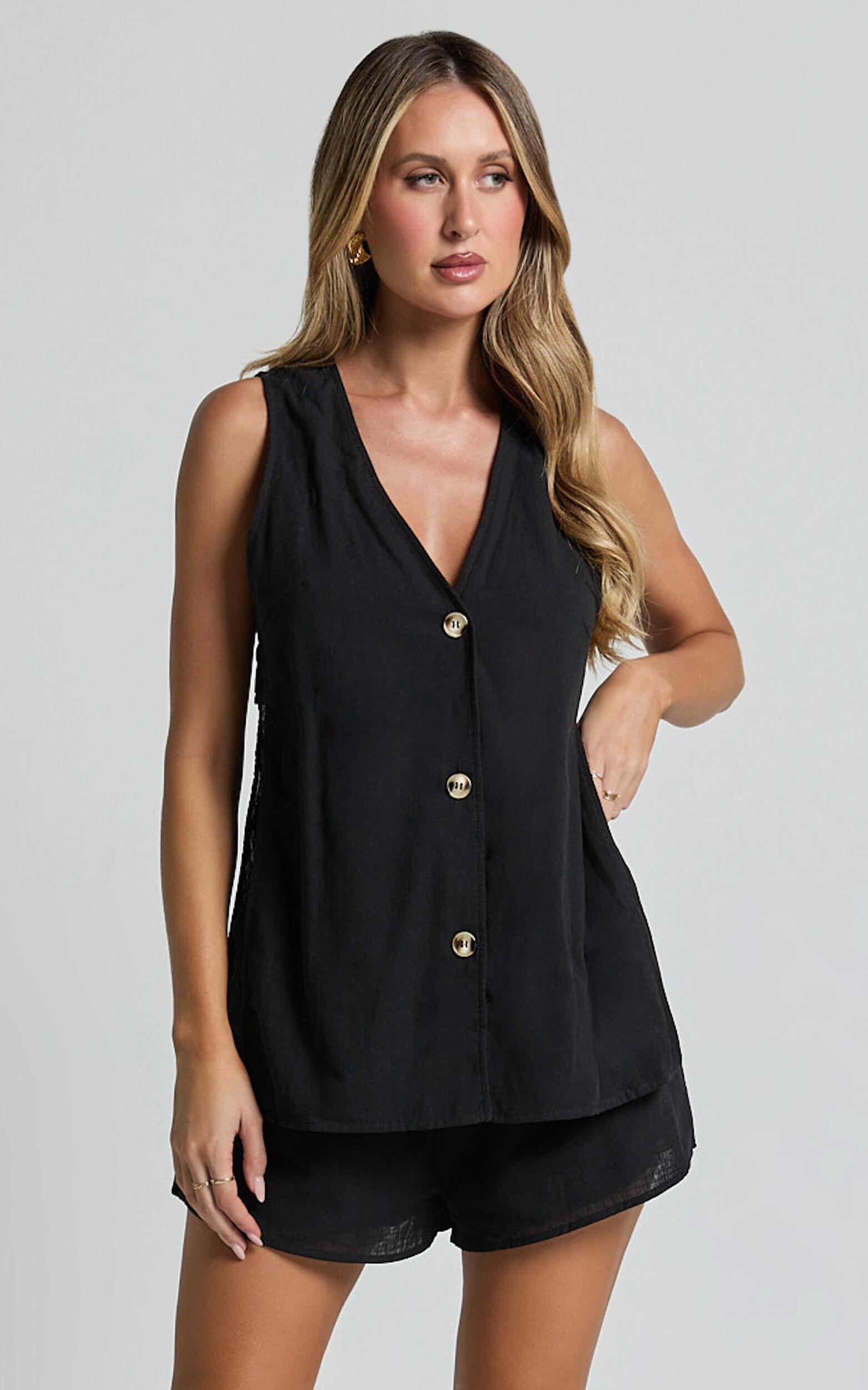 Devon Two Piece Set - Open Side Detail Top & Short Linen Set in Black Product Image