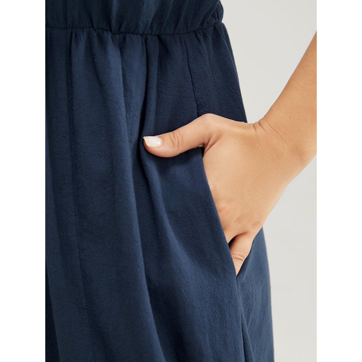 Plus Size Solid Shirt Collar Sleeveless Pocket Button Up Split Hem Dress Indigo Women Office Button Shirt collar Sleeveless Curvy Midi Dress BloomChic 26/4X Product Image