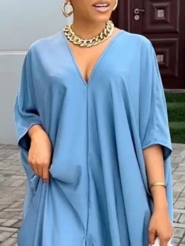 Batwing Sleeves Loose Solid Color Split-Front Split-Joint V-Neck Maxi Dresses Product Image