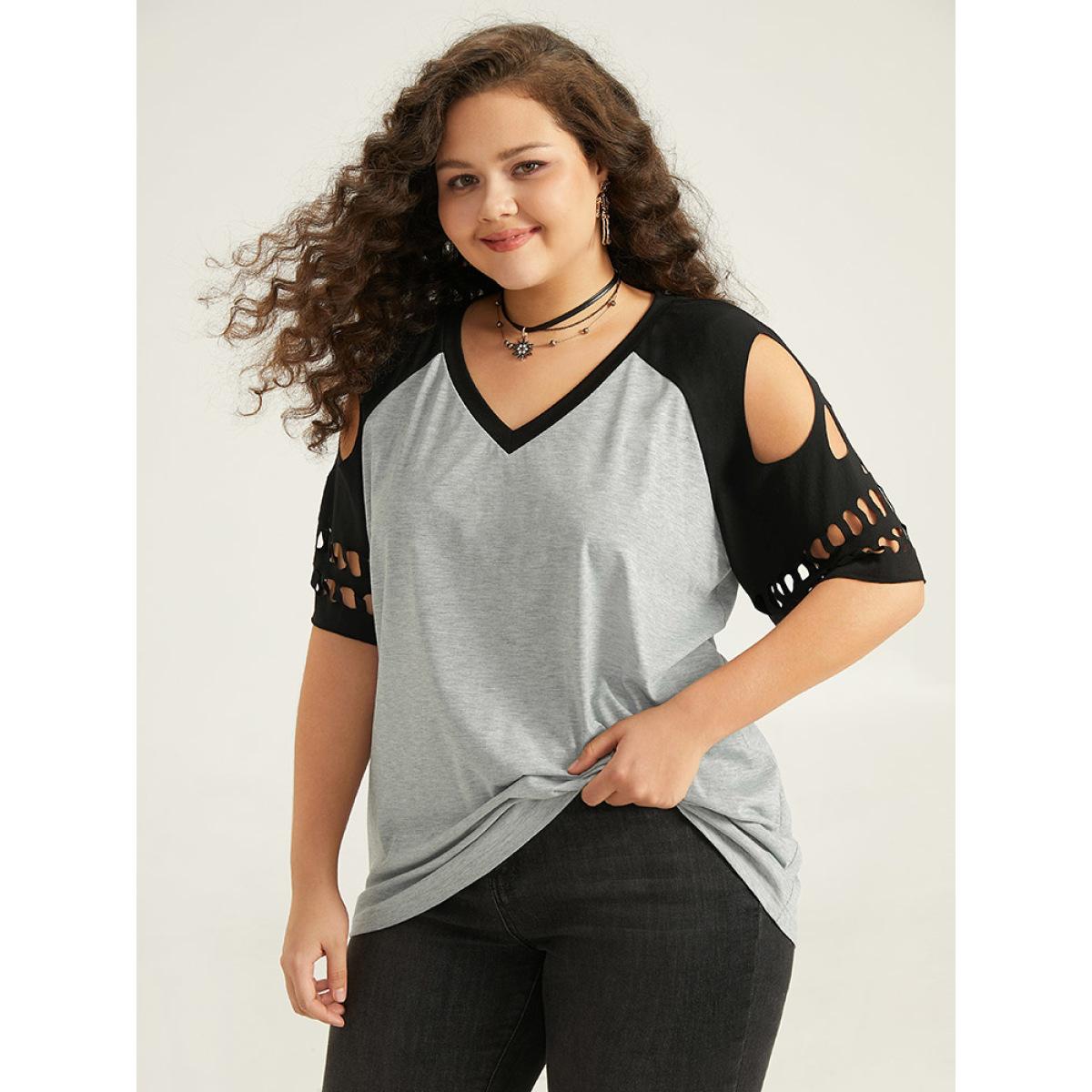 Plus Size Halloween Skull Cut Out Raglan Sleeve T-shirt Gray Women Casual Patchwork Graphic-Halloween V-neck Festival-Halloween T-shirts BloomChic 12/L Product Image