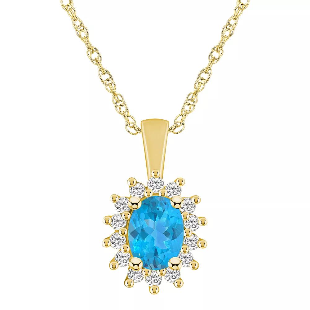 Alyson Layne 14k Gold Oval Blue Topaz & 1/3 Carat T.W. Diamond Halo Pendant Necklace, Women's, Size: 18" Product Image