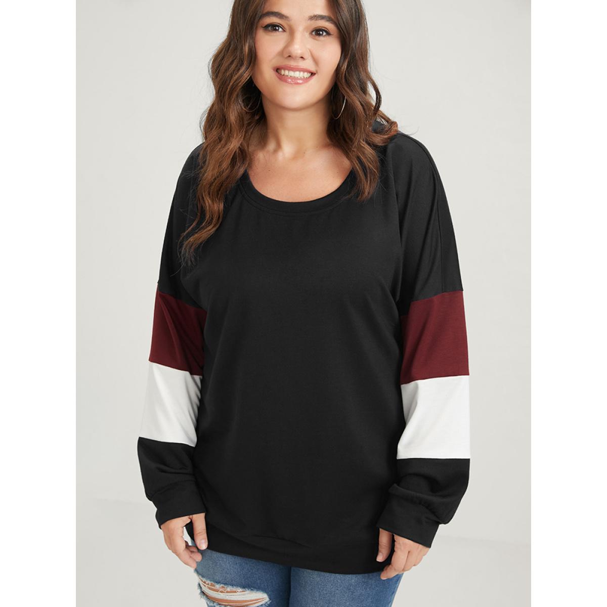 Plus Size Colorblock Patchwork Round Neck Drop Shoulder Sweatshirt Women Black Casual Contrast Round Neck Dailywear Sweatshirts BloomChic 26/4X Product Image