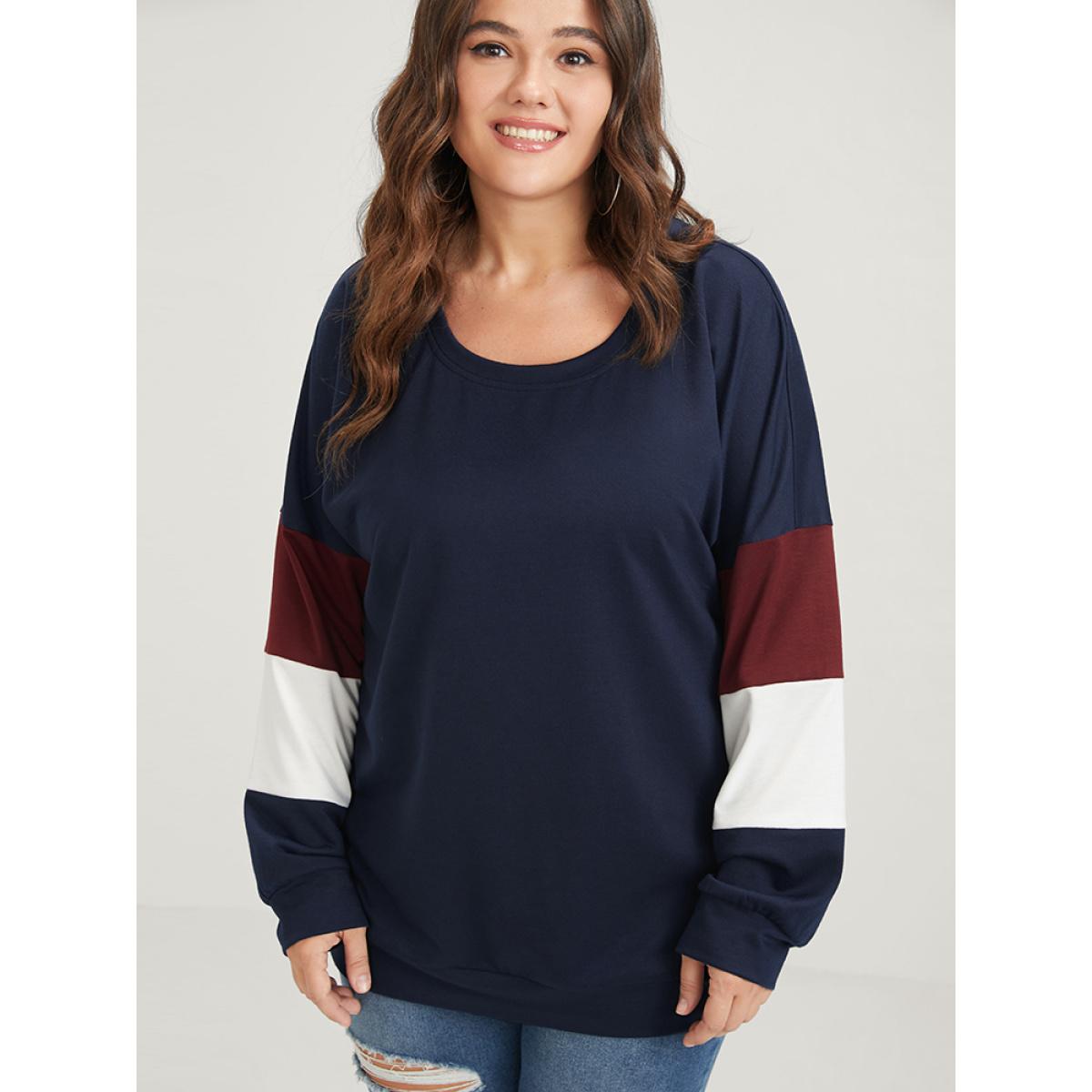 Plus Size Colorblock Patchwork Round Neck Drop Shoulder Sweatshirt Women Navy Casual Contrast Round Neck Dailywear Sweatshirts BloomChic 10/M Product Image