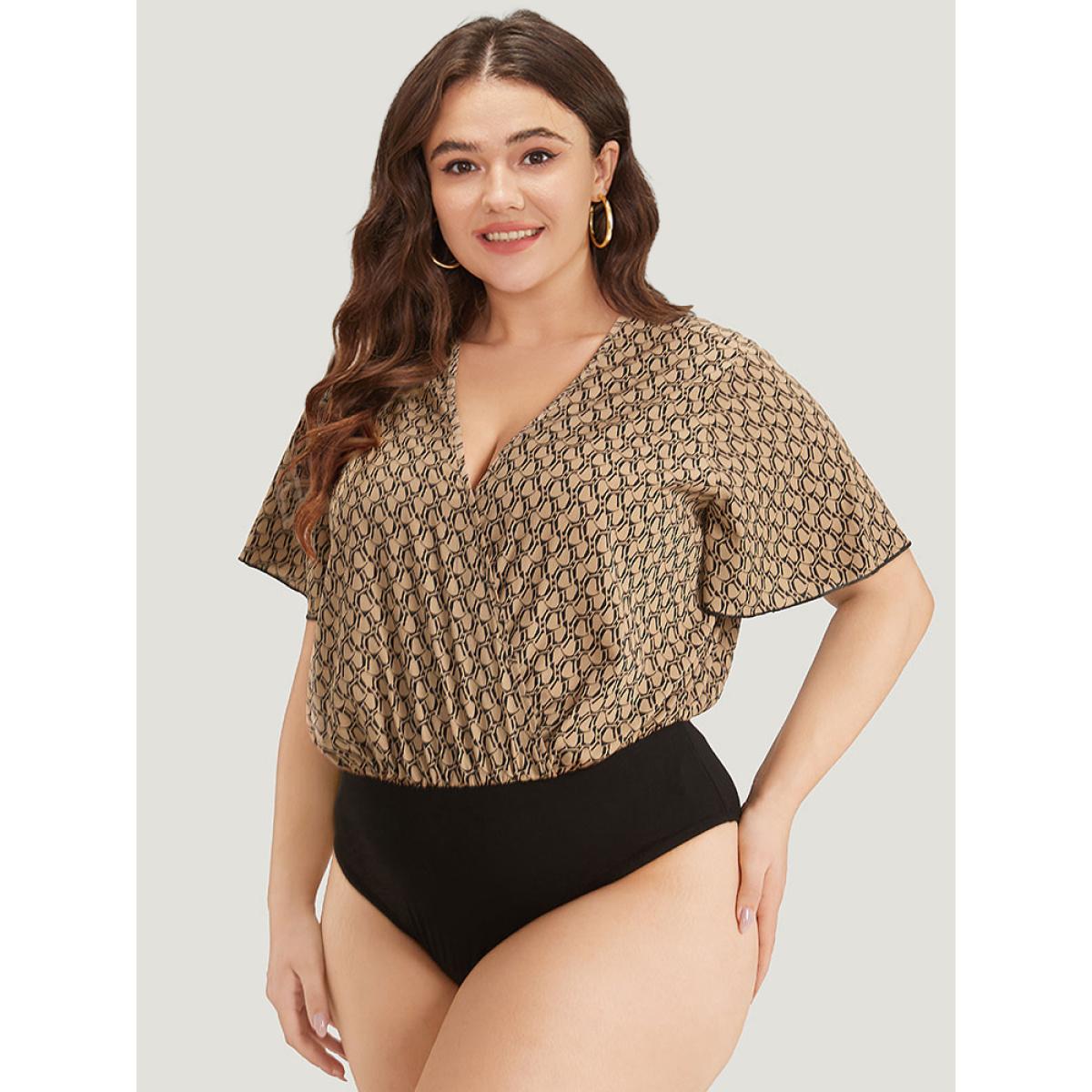 Plus Size Graphic Print Surplice Neck Ruffle Sleeve Bodysuit Women LightBrown Graphic Wrap Bodysuits BloomChic 12/L Product Image